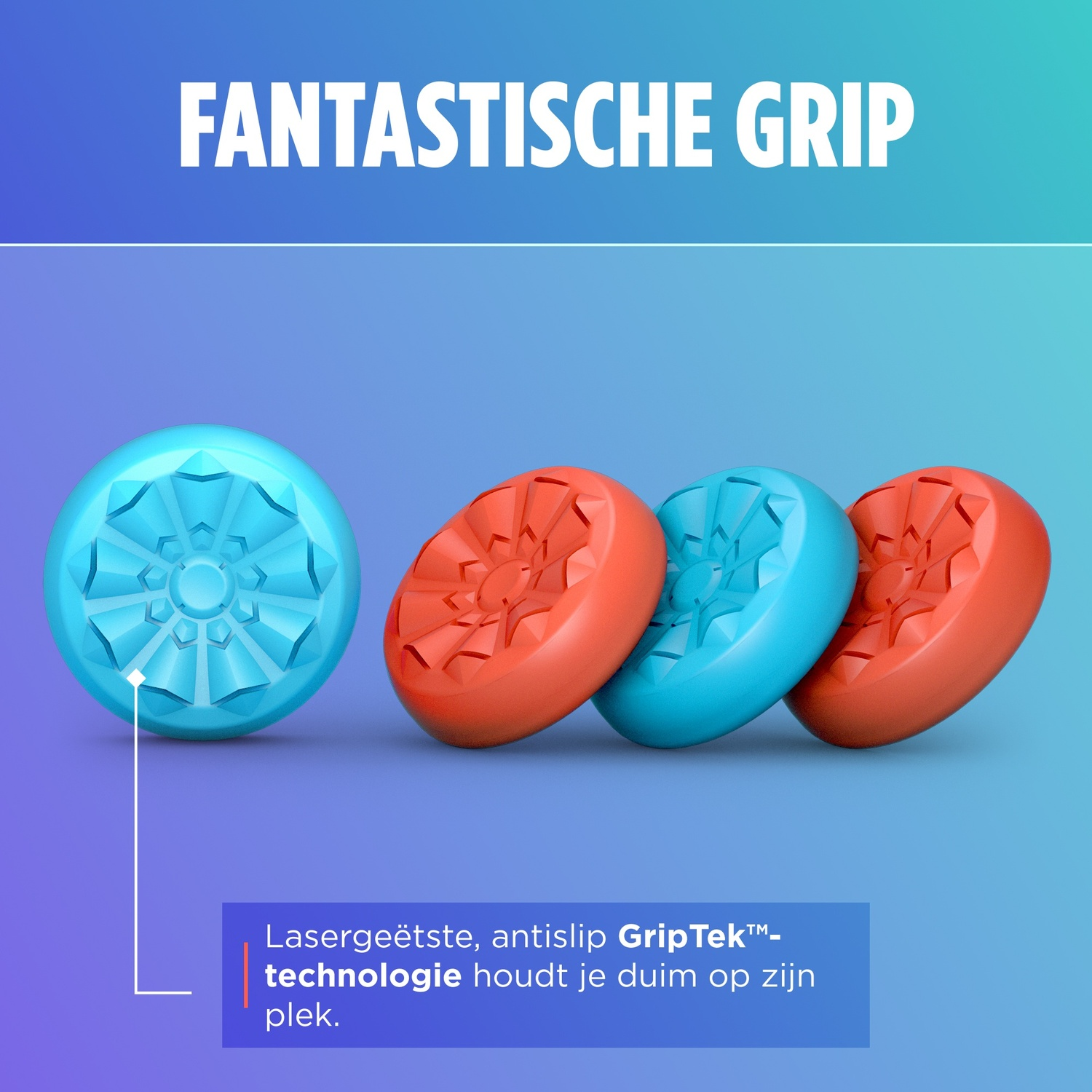 Four round, textured objects in blue and orange on a blue background.