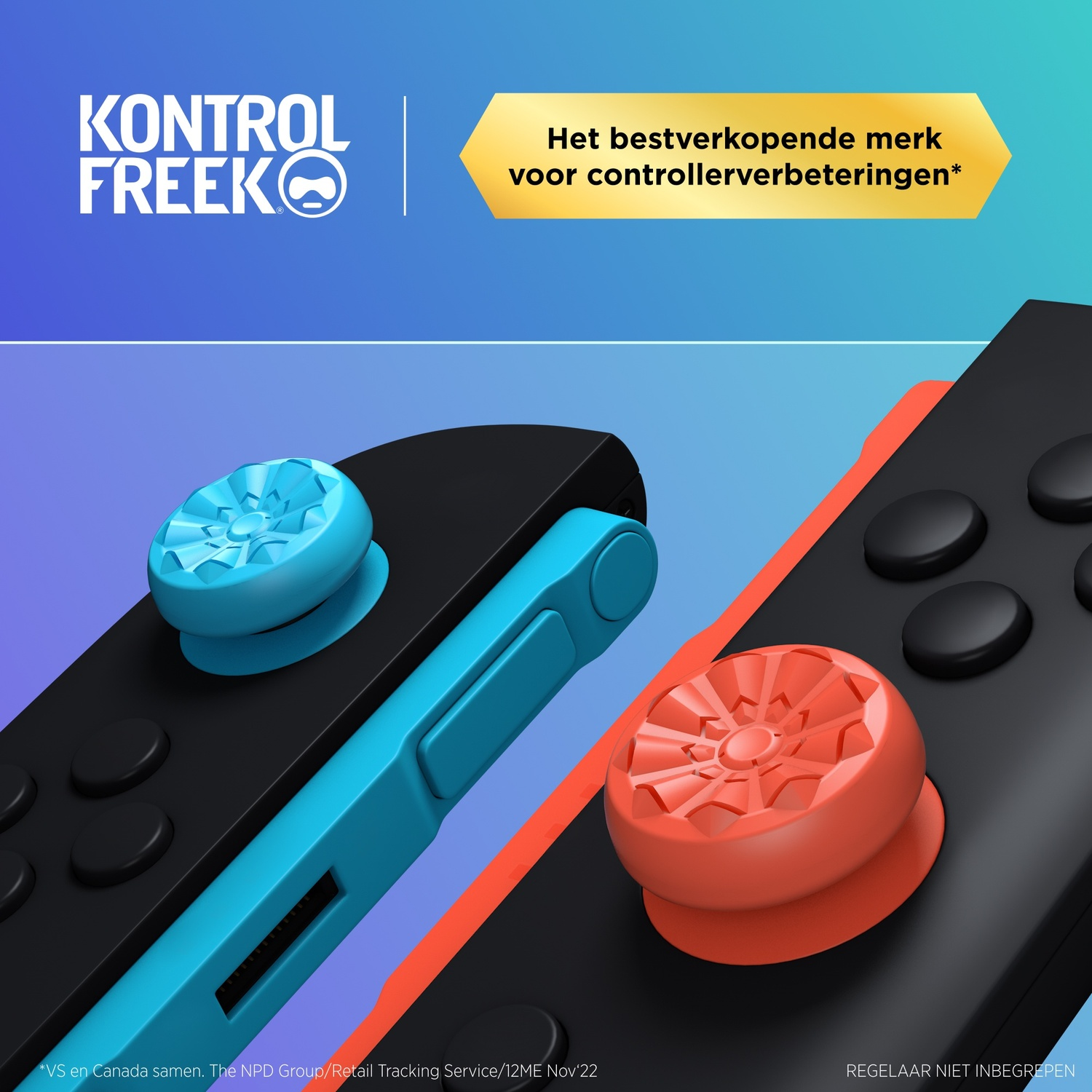 Two controller grips: one blue, one orange, on black controllers.