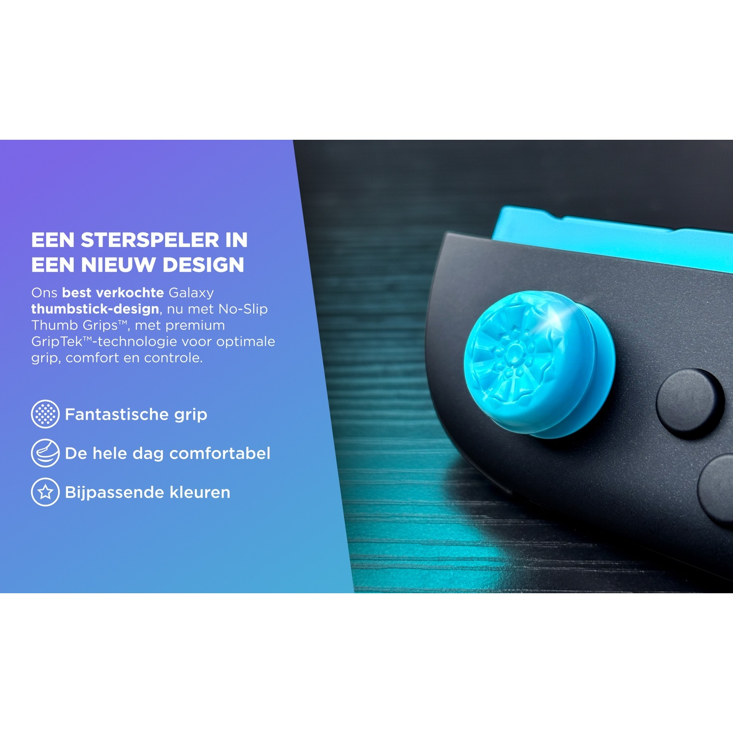 A blue joystick cap on a black controller with text.