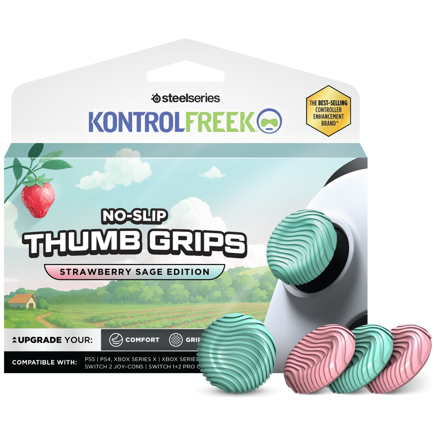 Packaging featuring strawberry design, thumb grips, and controller add-ons.
