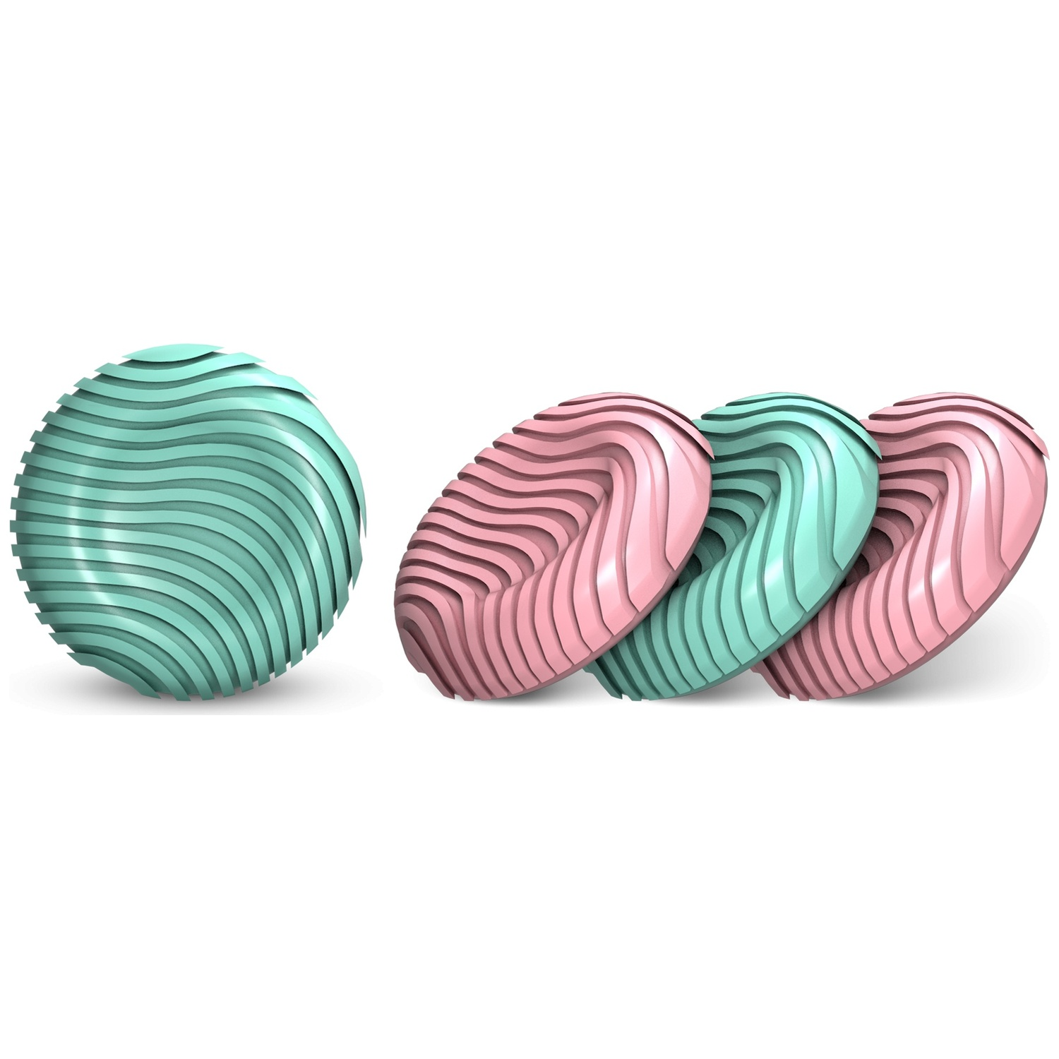 One teal ball and three oval objects in pink and teal.