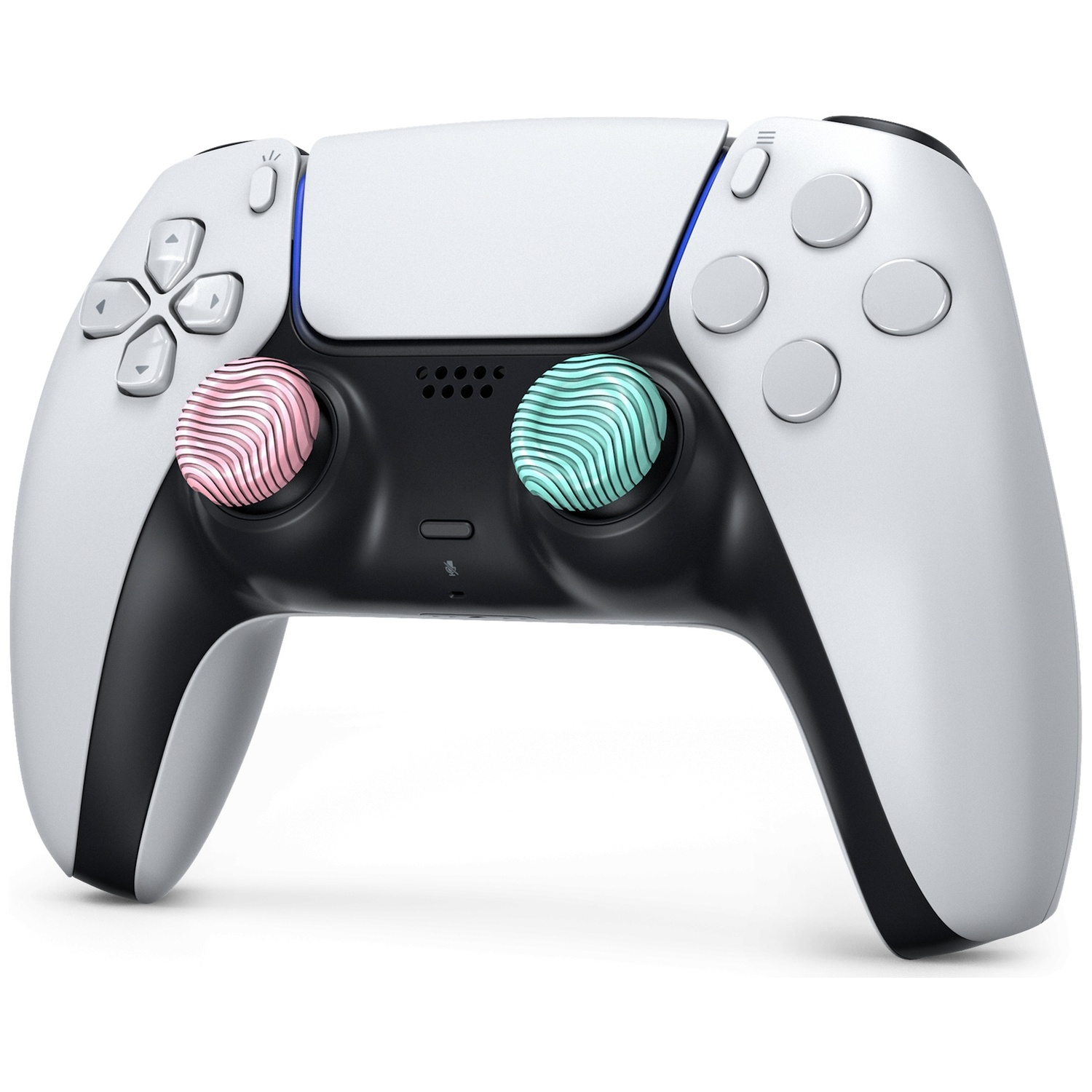 A white controller with pink and mint analog sticks