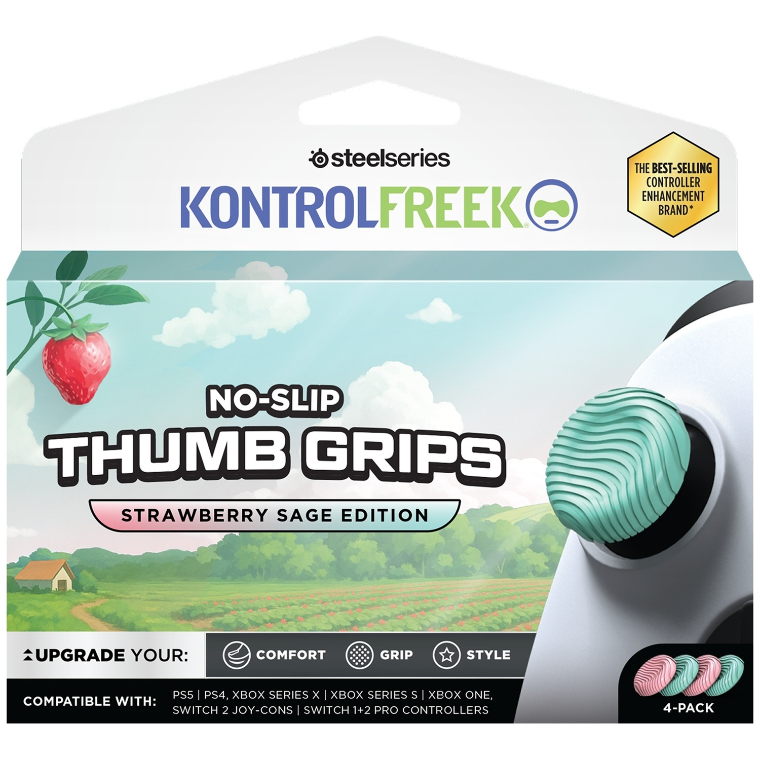 Packaging for "Strawberry Sage Edition" thumb grips featuring a strawberry design.