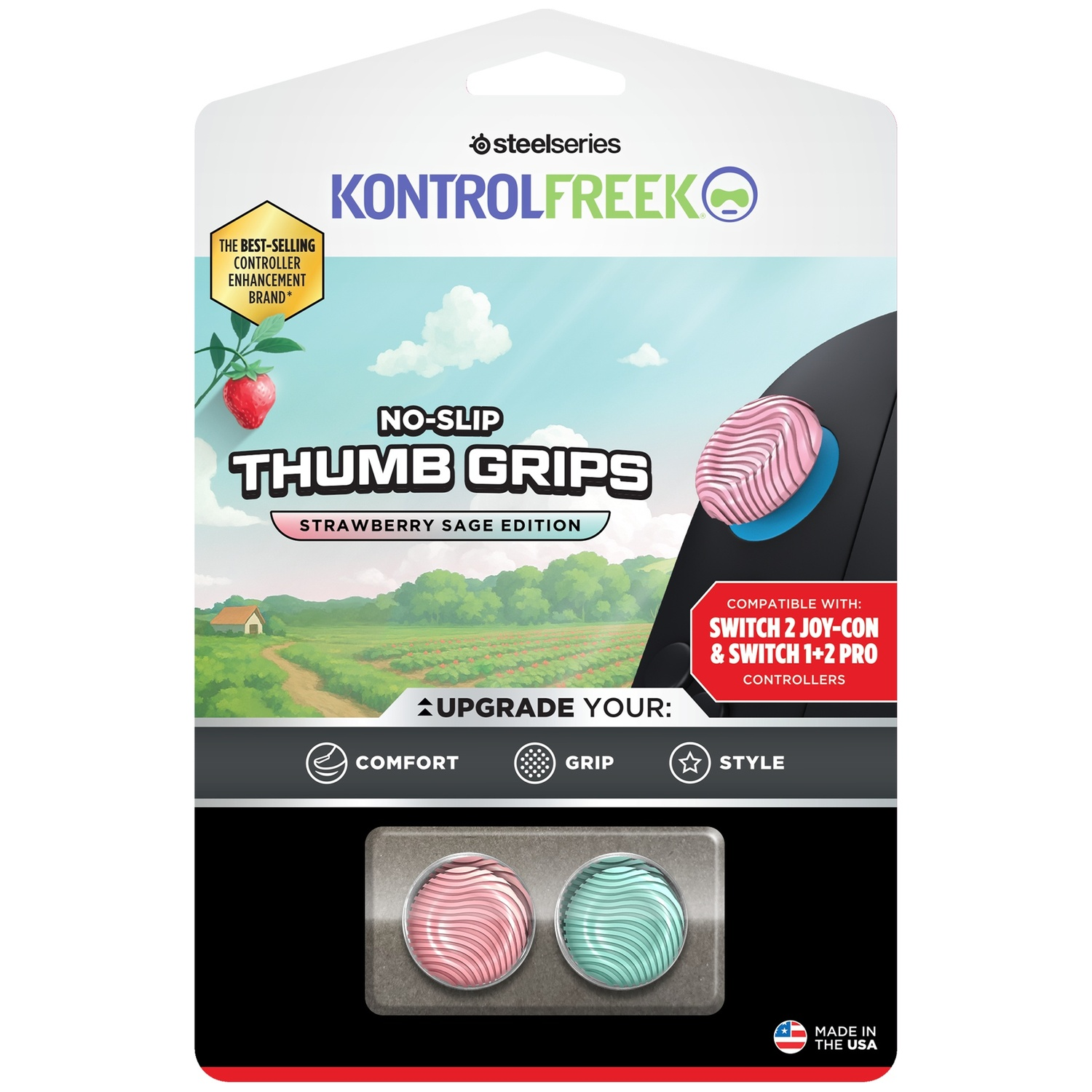 Packaging for NO-SLIP THUMB GRIPS, Strawberry Sage Edition. Features strawberry and field.