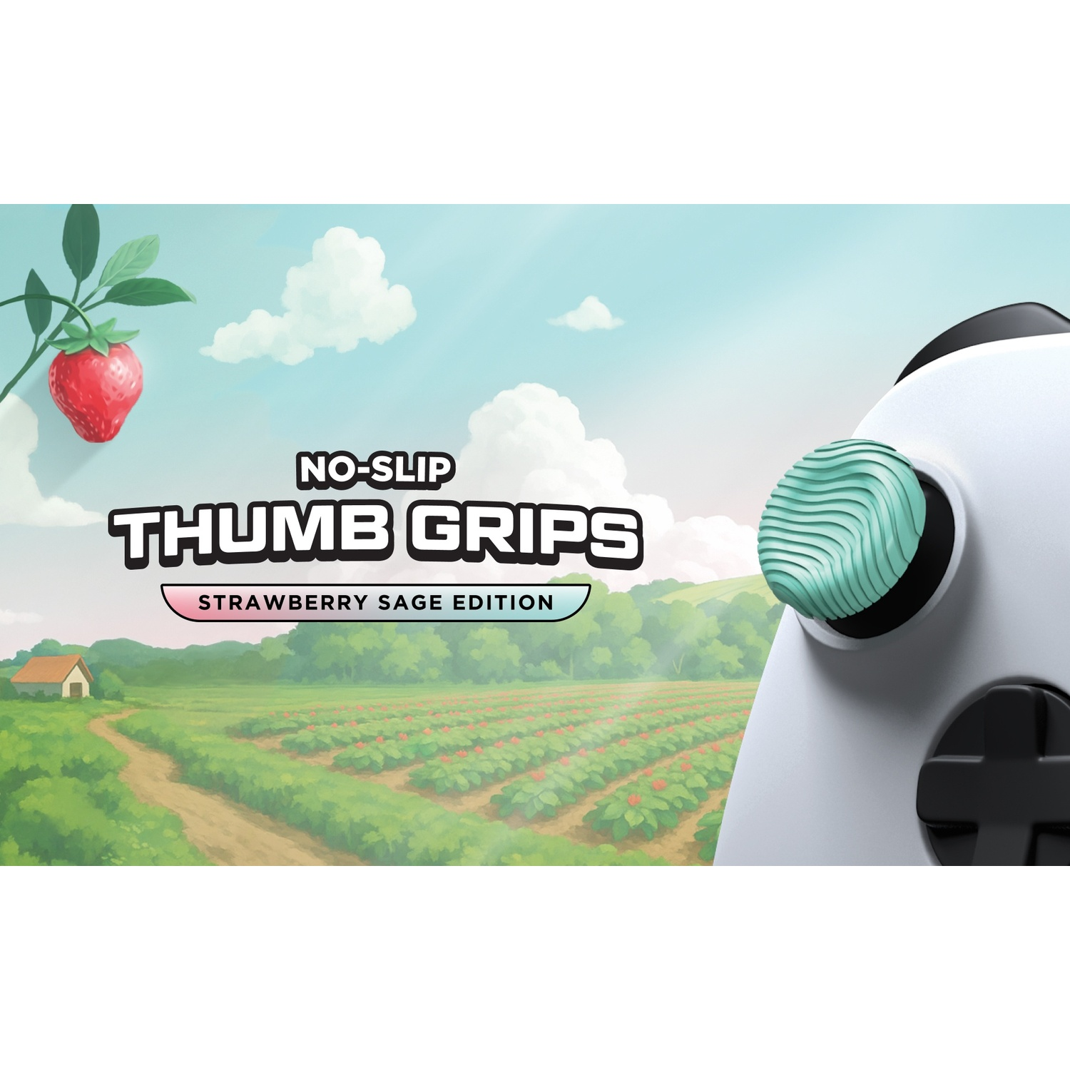 A controller thumbstick next to a strawberry field and a house.