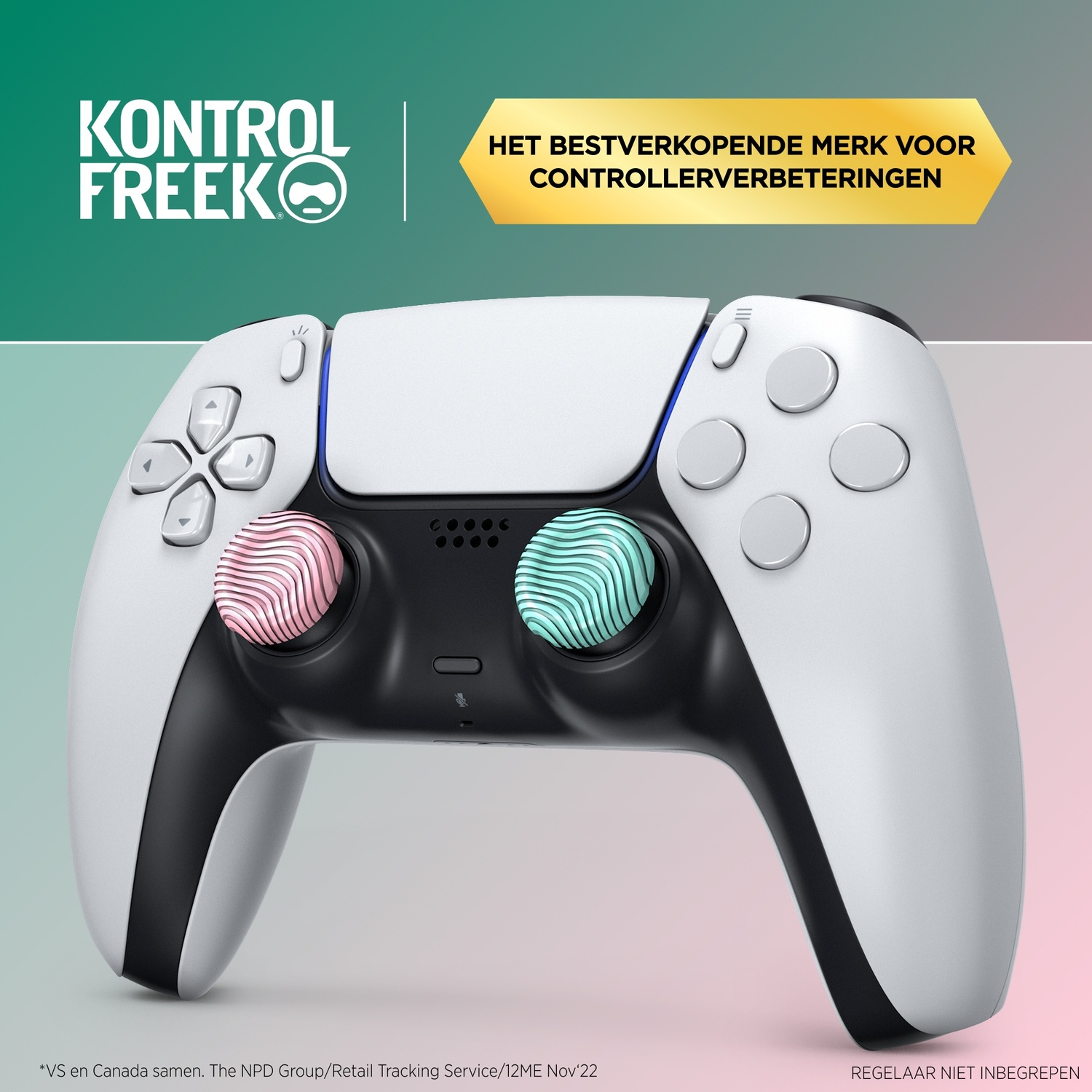 A white controller with pink and mint green thumb grips. Kontrol Freek logo top left.