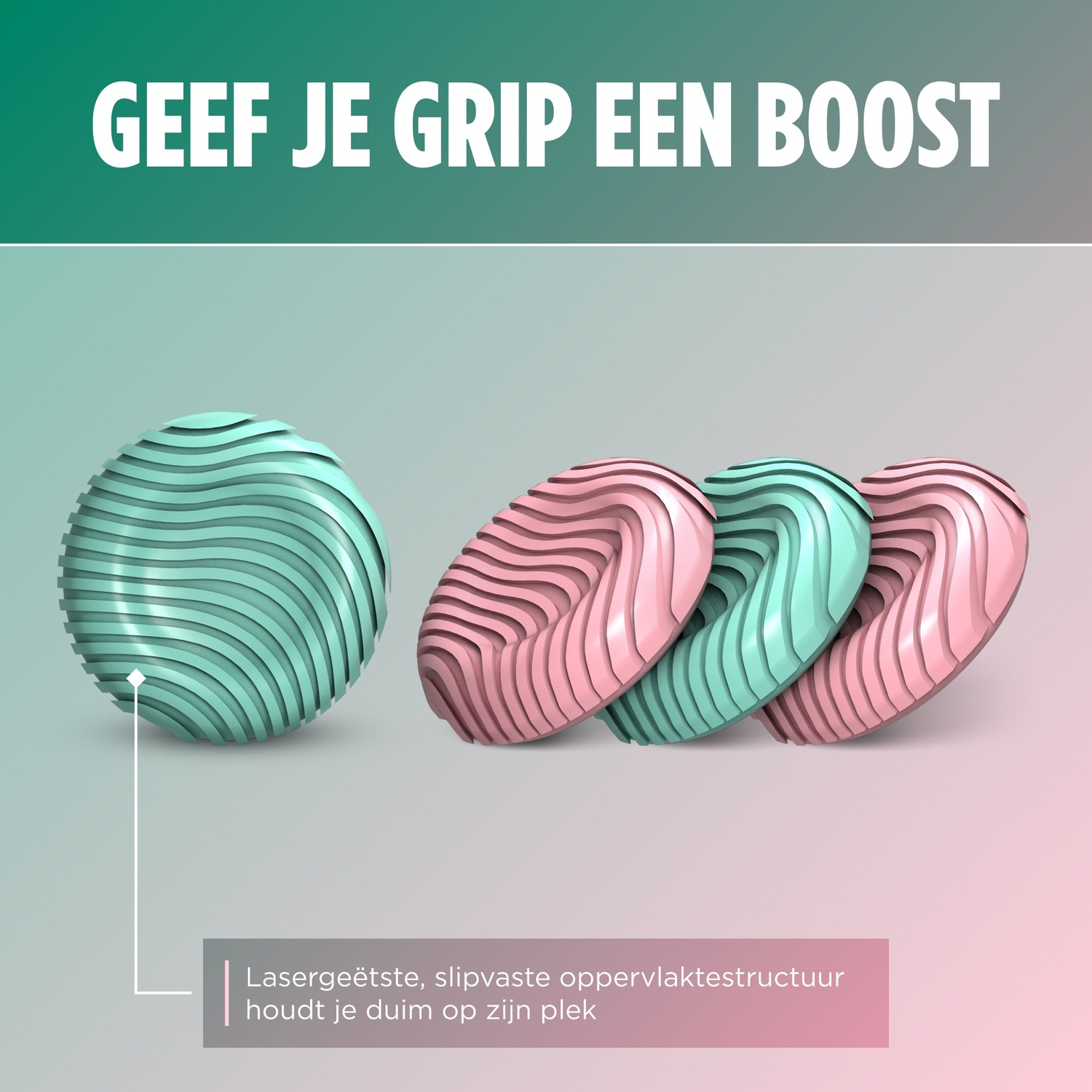 Four round objects with wavy lines in teal and pink on a gradient background.