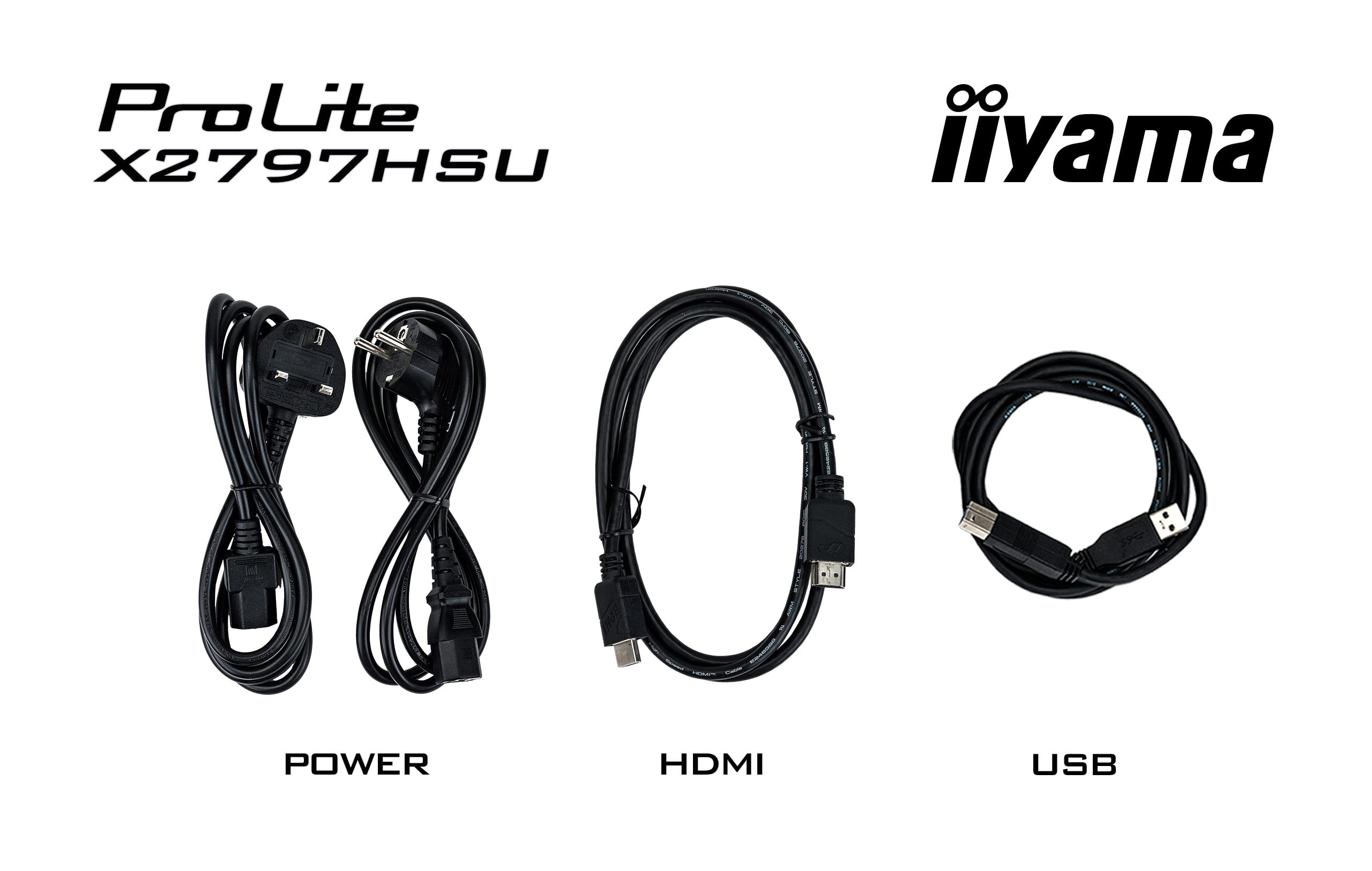 Drei schwarze Kabel: Strom, HDMI und USB, mit Beschriftungen.
