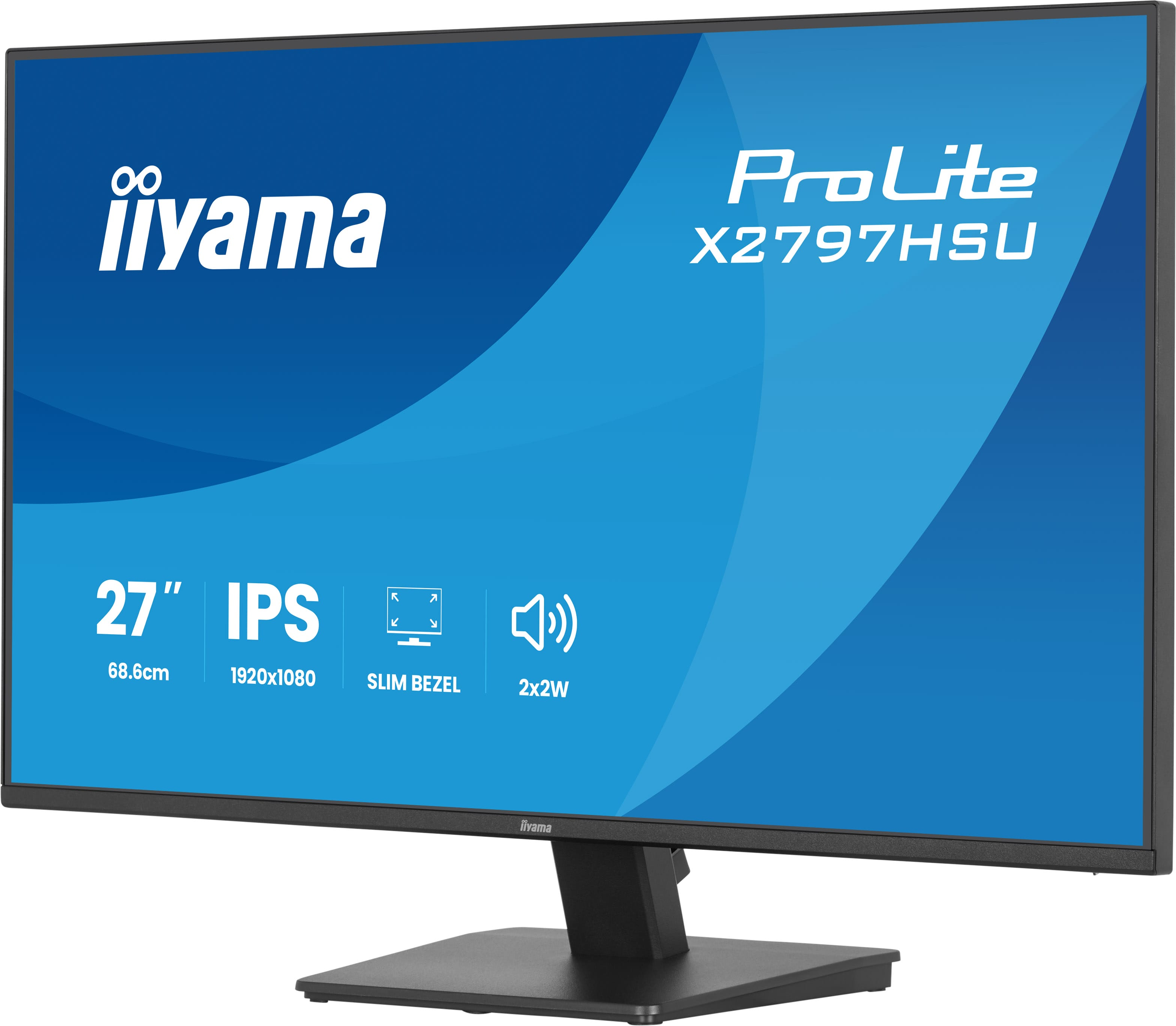 Ein schwarzer Iiyama ProLite Monitor mit 27 Zoll IPS-Display steht auf einem Ständer.