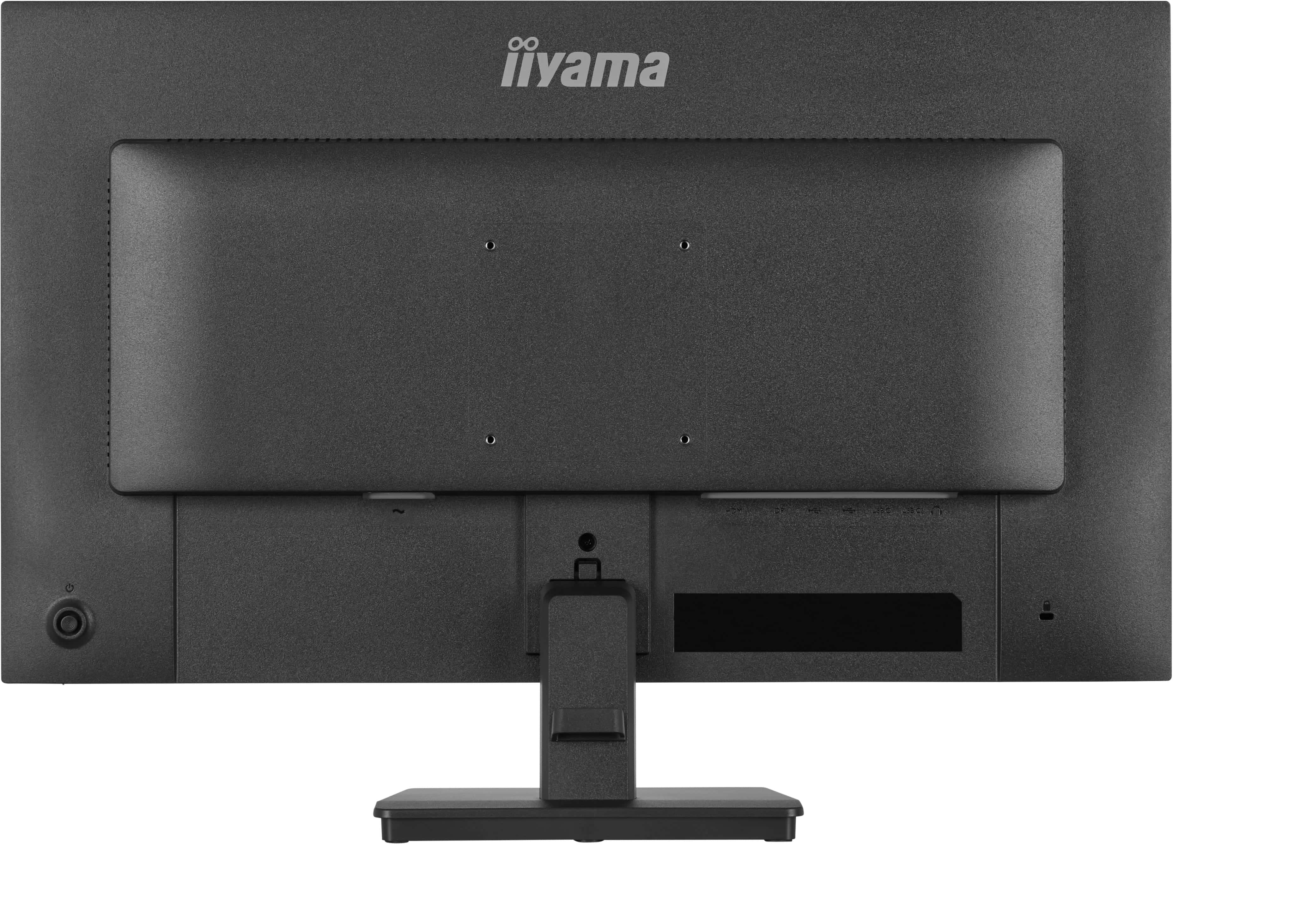 Rückseite eines schwarzen Monitors mit Anschlüssen und Standfuß.