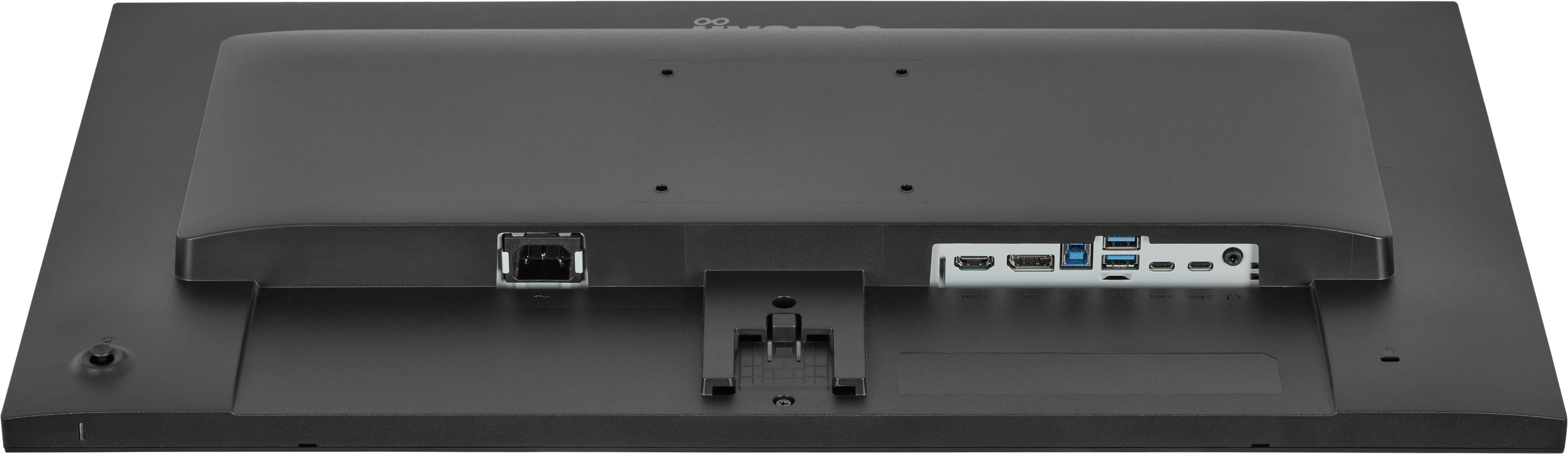 Rückseite eines schwarzen Monitors mit Anschlüssen: Ethernet, HDMI, DP, USB-A, USB-C.