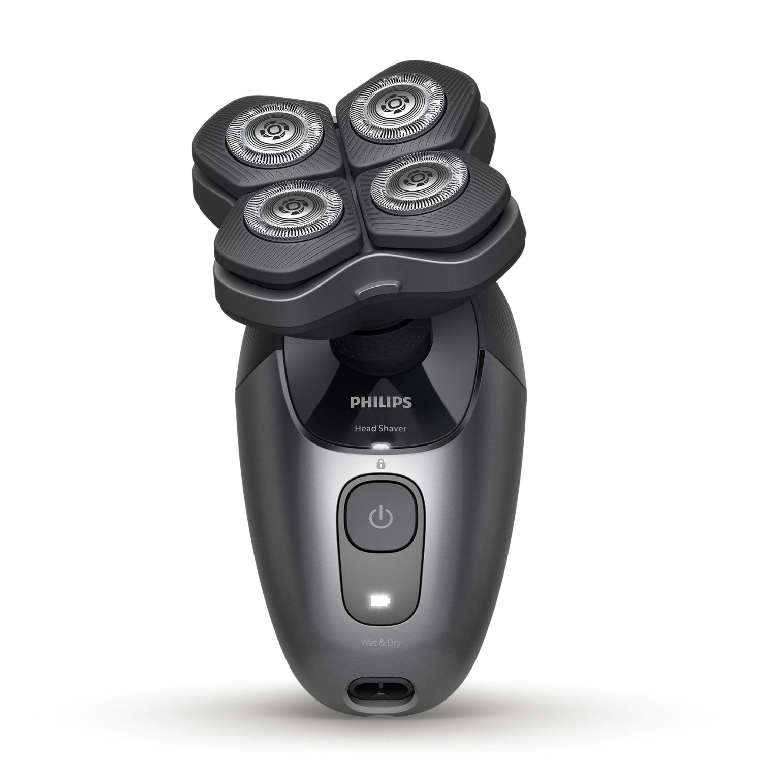 Una afeitadora Philips gris con cuatro cabezales giratorios y un botón de encendido.