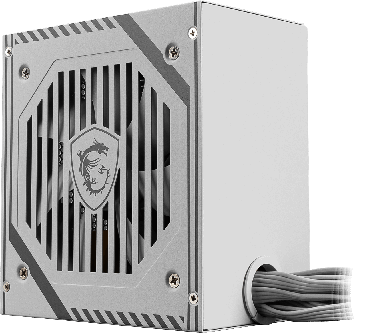 Gümüş renkli PC güç kaynağı, fan ızgarası ve MSI logosuyla. Kablolar yandan çıkıyor.