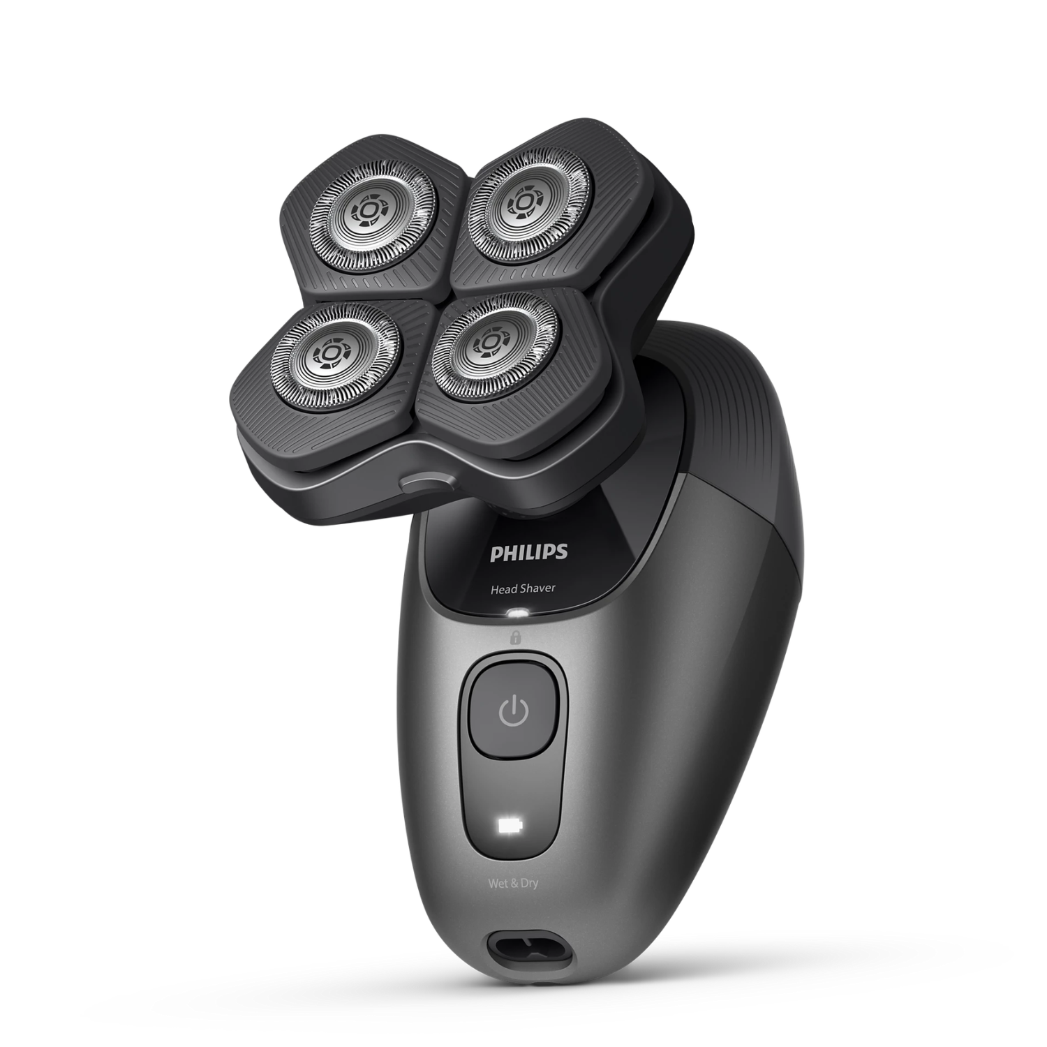 Una afeitadora Philips oscura con cuatro cabezales de cuchillas giratorias.