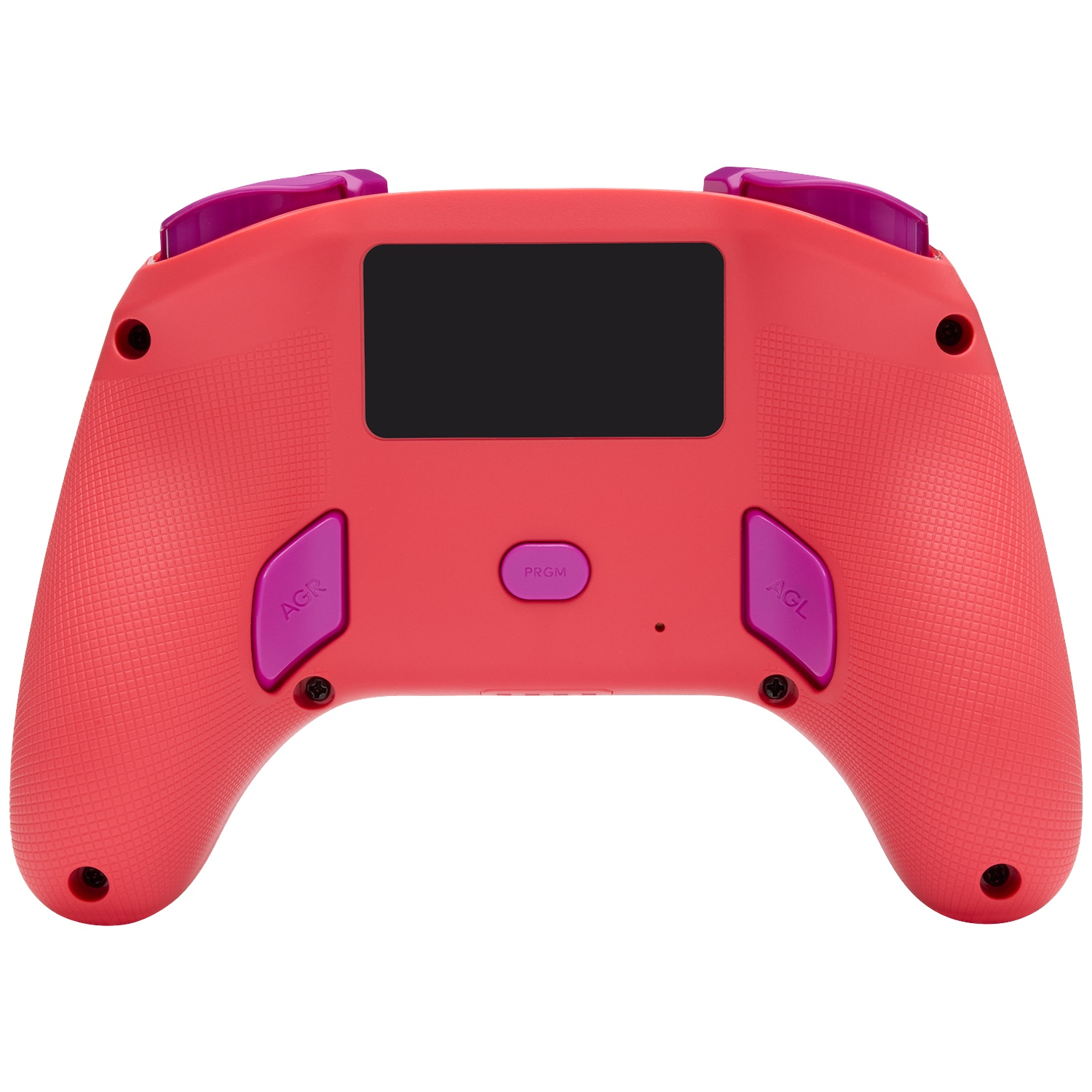 Arrière de manette rouge avec accents violets et écran noir.