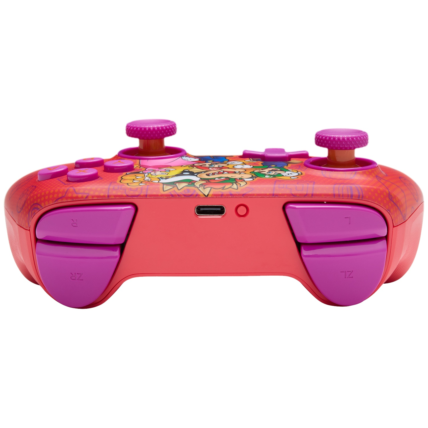 Une manette rouge avec des boutons violets et des personnages de Super Mario.