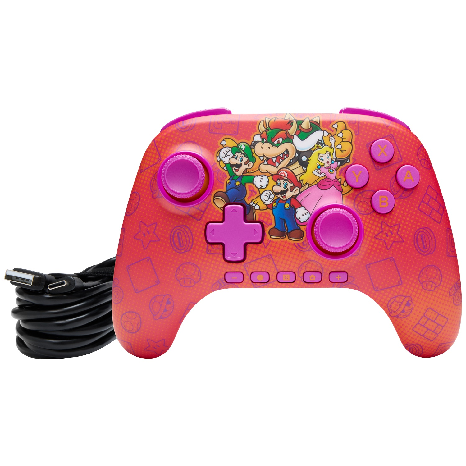 Une manette rouge avec des personnages de Super Mario et des boutons roses.