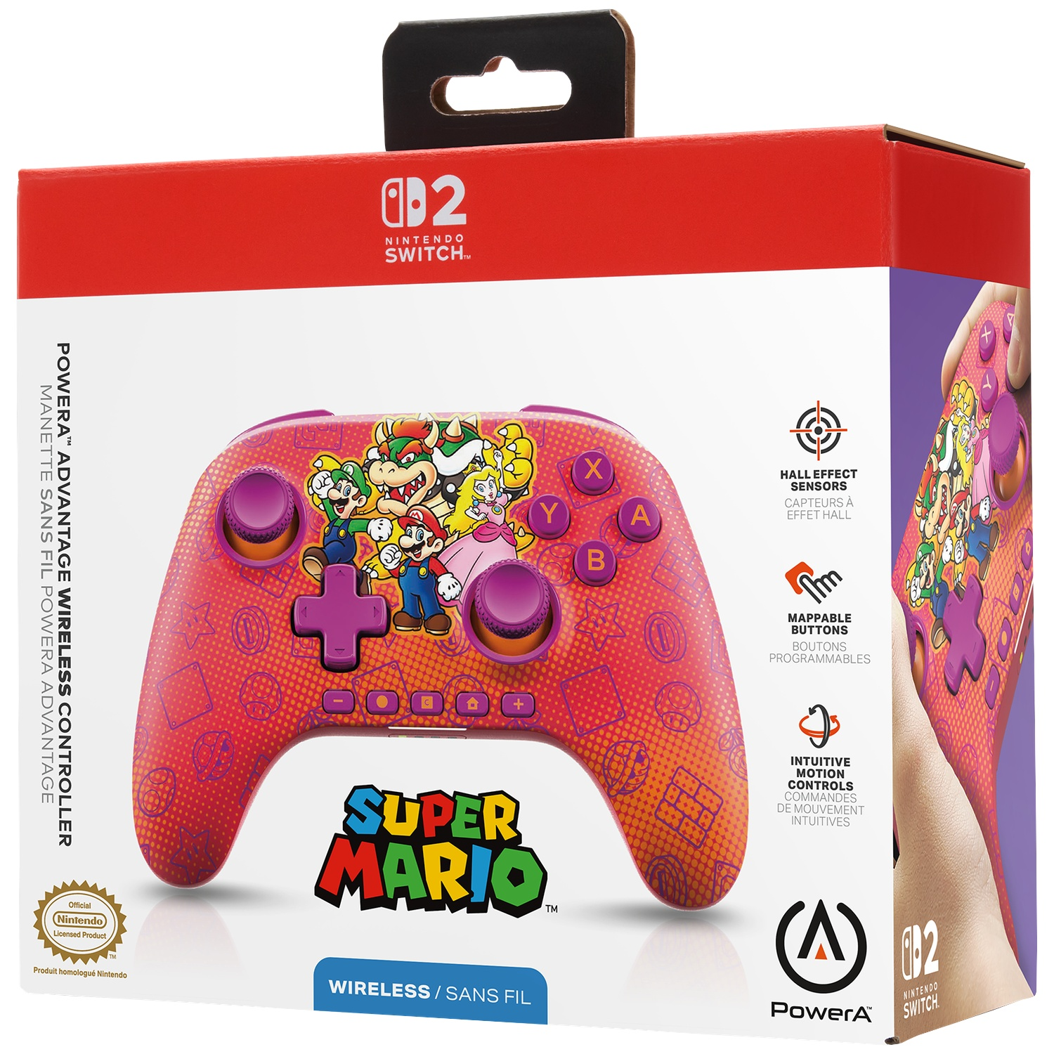 Une manette rose Nintendo Switch avec des personnages de Super Mario et le logo PowerA.