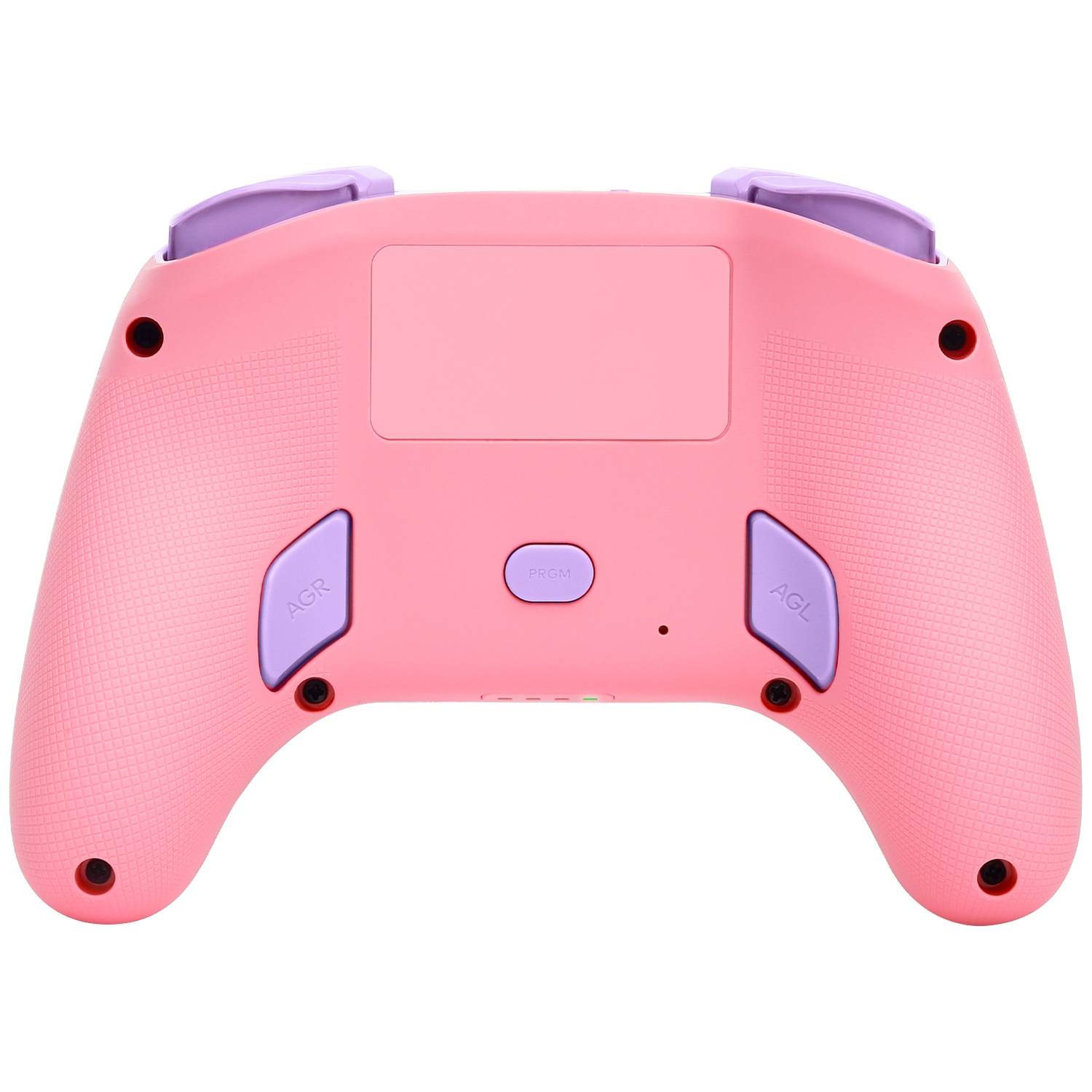 Dos d'une manette rose avec des accents et boutons violets.