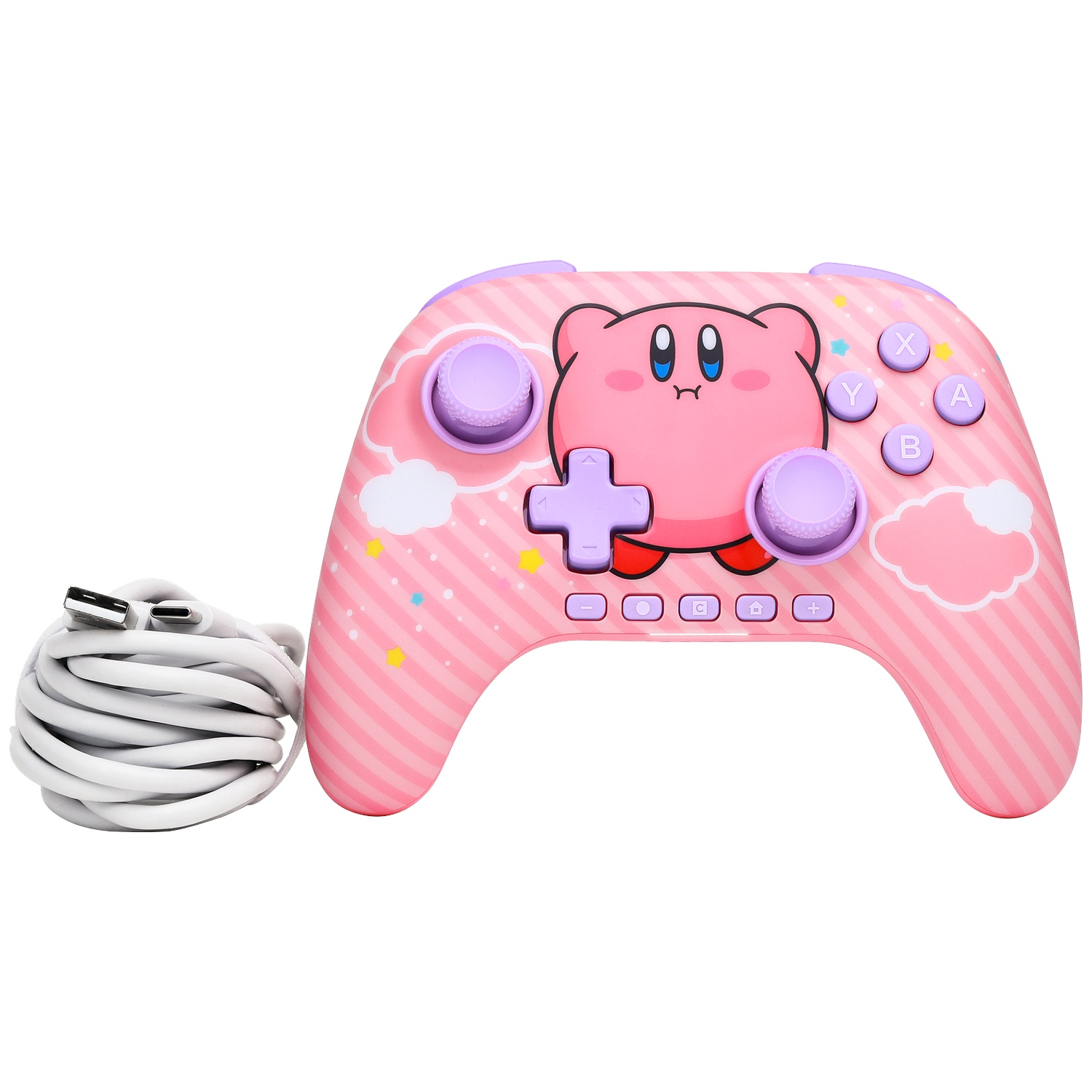 Une manette rose avec Kirby et des nuages, à côté d'un câble blanc enroulé.