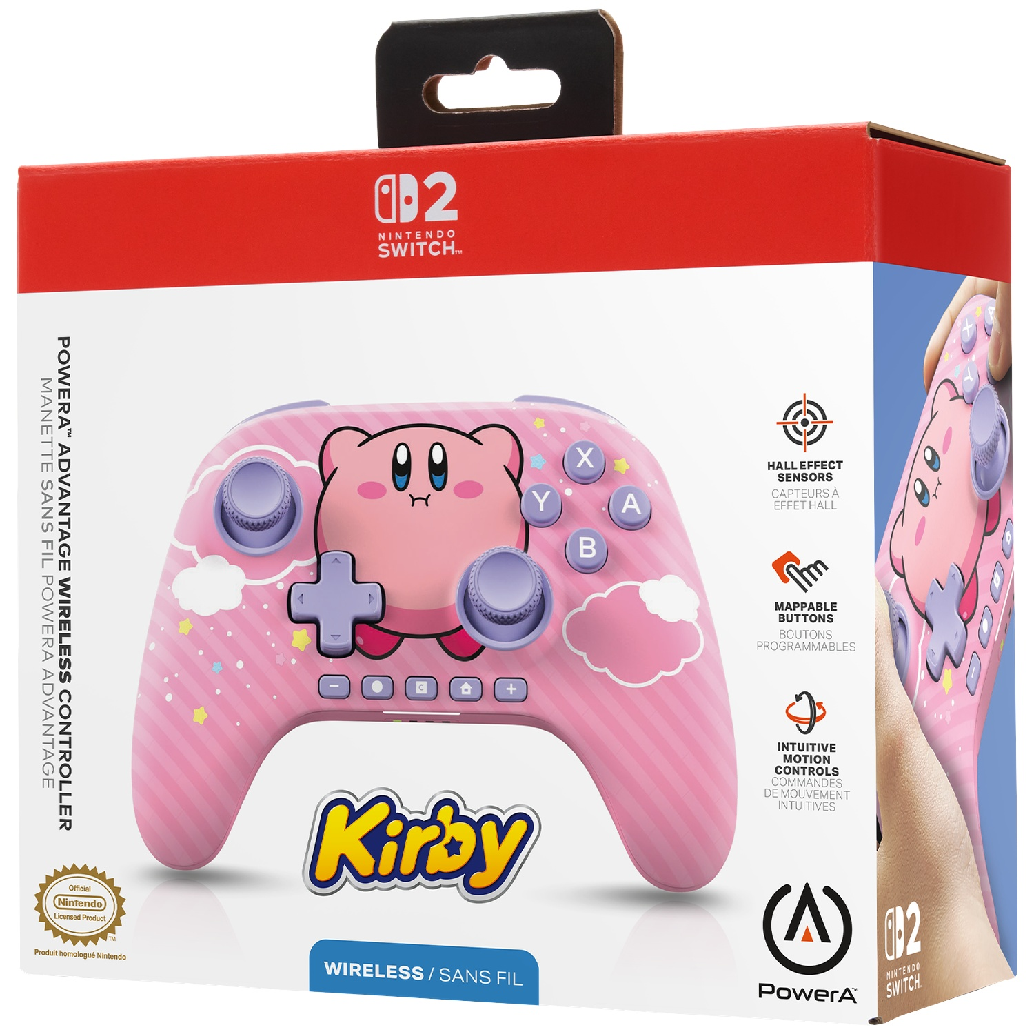 Manette rose Nintendo Switch avec motif Kirby, nuages et étoiles.