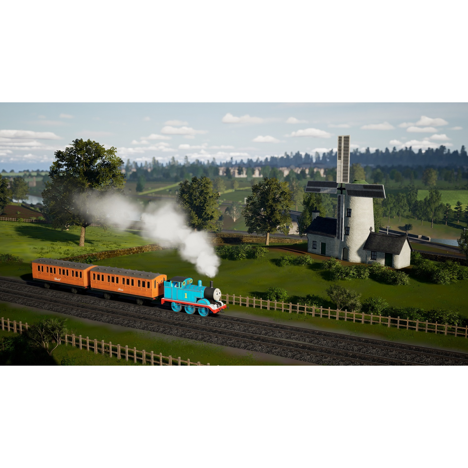 Thomas de blauwe trein trekt oranje wagons langs een windmolen.