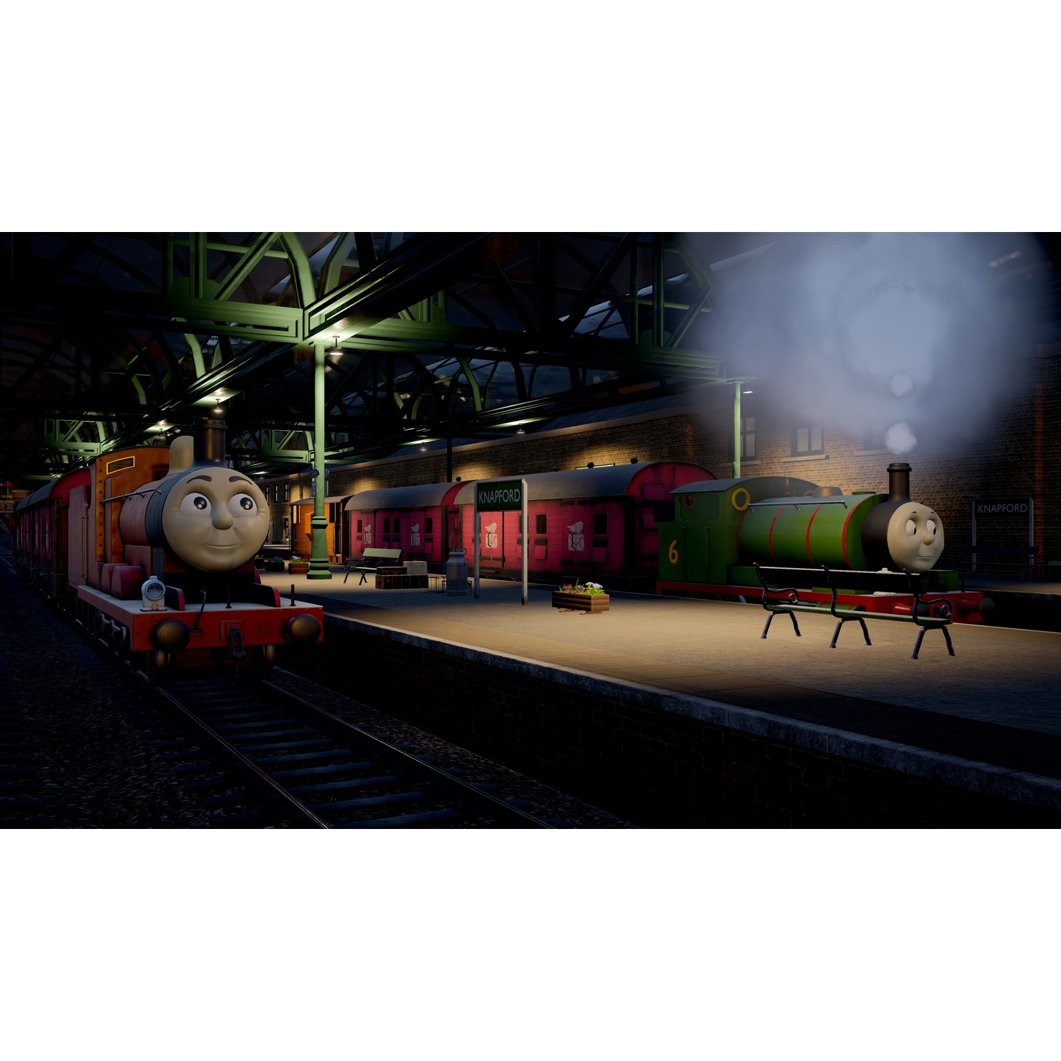 Twee antropomorfe treinen, James en Percy, staan in een donker station.