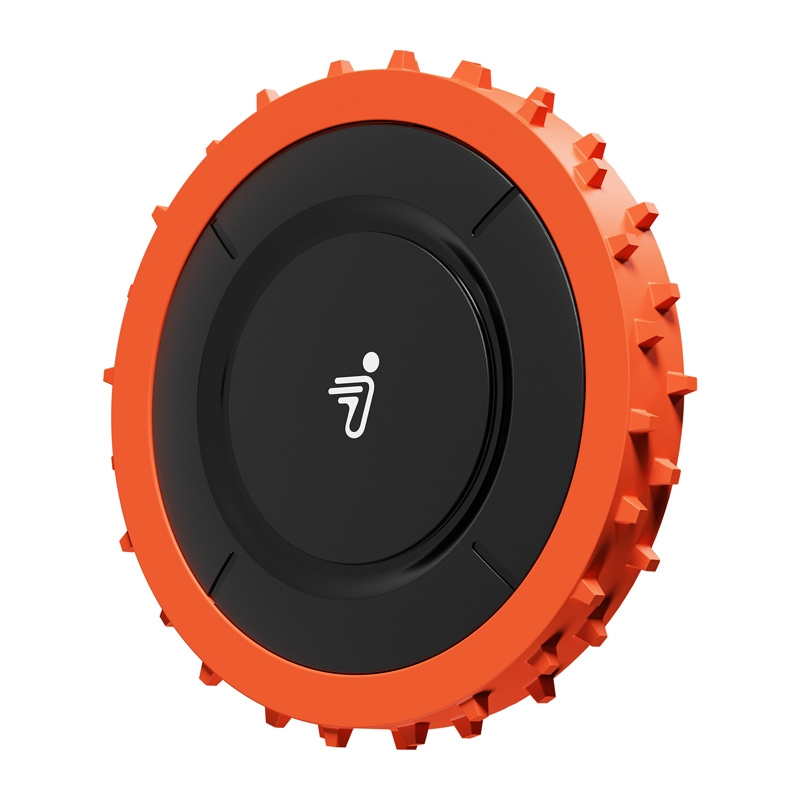 Egy narancssárga, fogaskerék-szerű tárgy fekete középrésszel és fehér logóval.