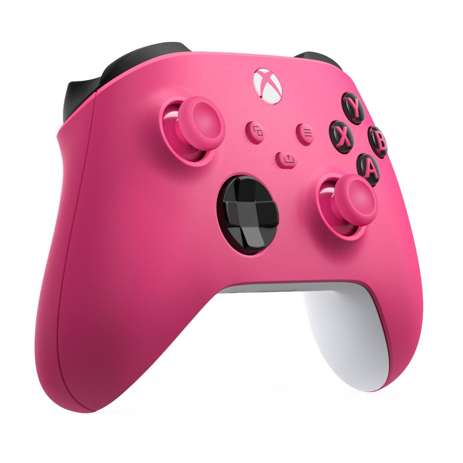 A pink Xbox controller with black buttons and white accents on a black background.