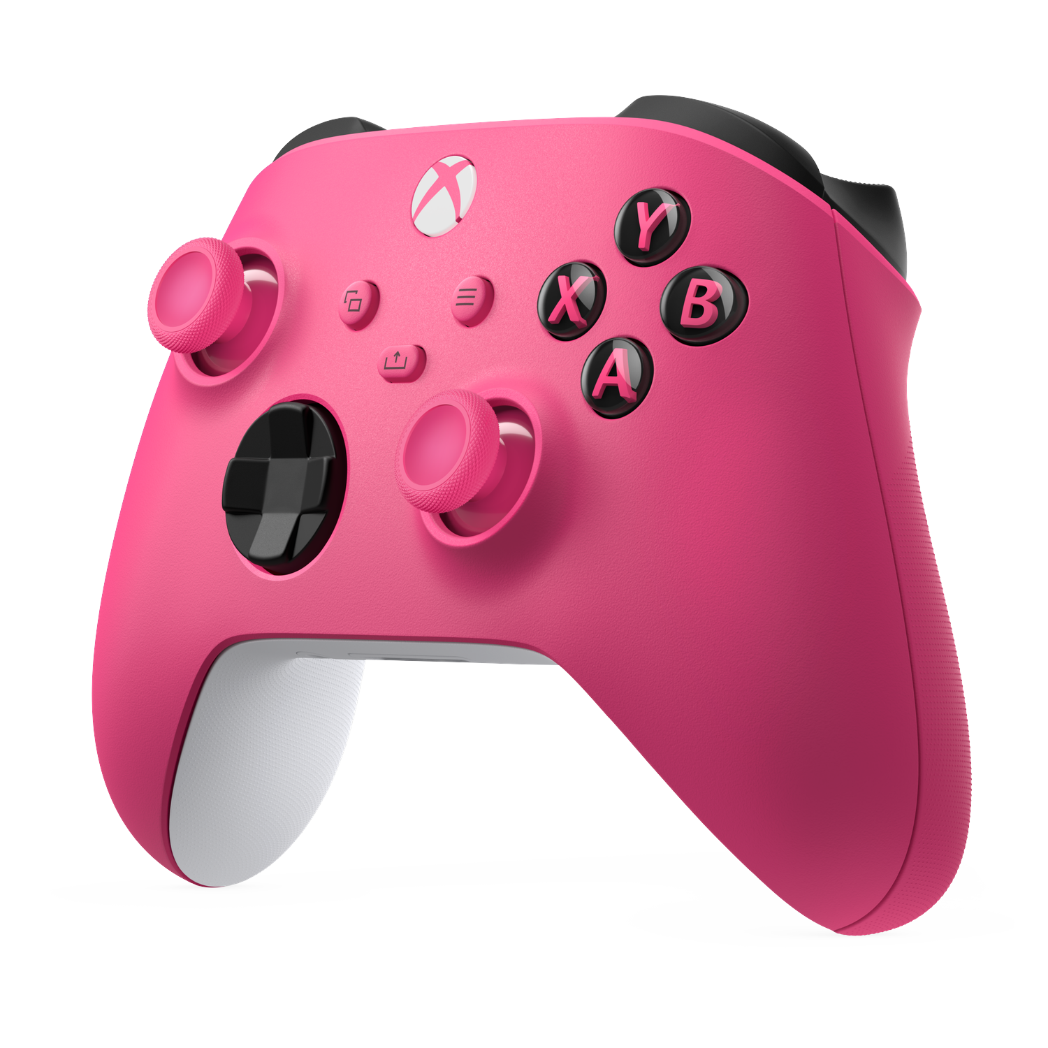 A pink Xbox controller with black buttons and white accents on a black background.