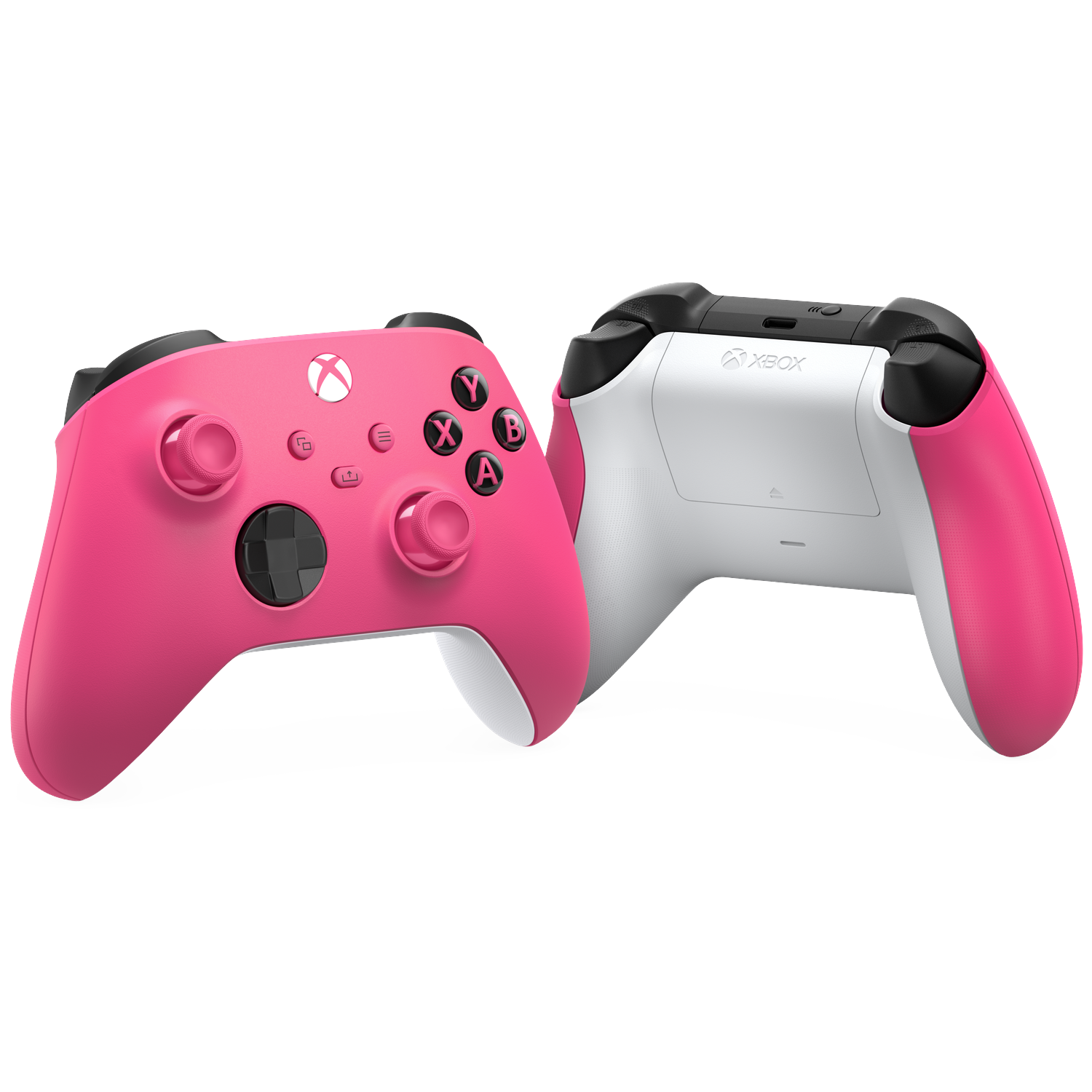 Two pink and white Xbox controllers on a black background.
