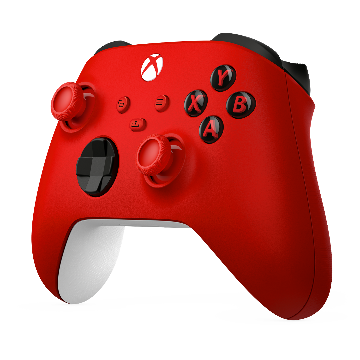A red Xbox controller with white accents on a black background.
