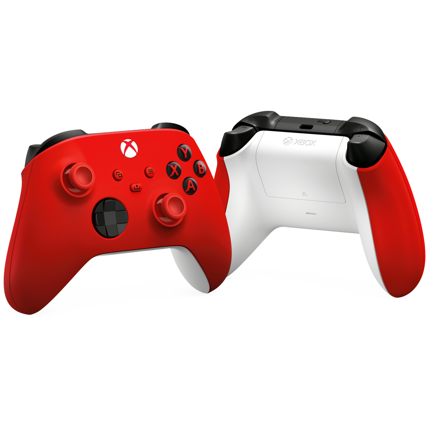 Two red and white Xbox controllers side by side on a black background.