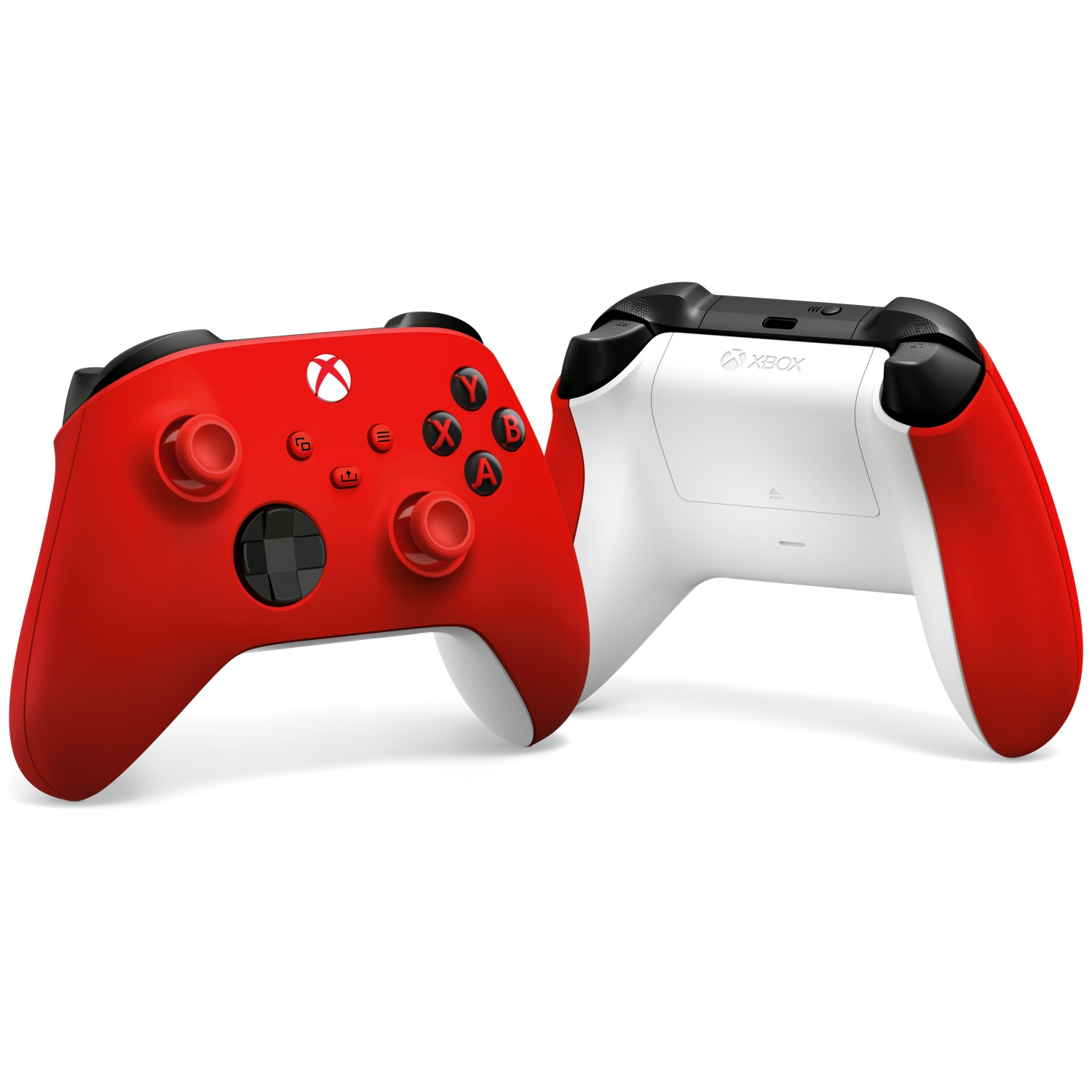 Two red Xbox controllers, one in front with black accents, one in back is white.