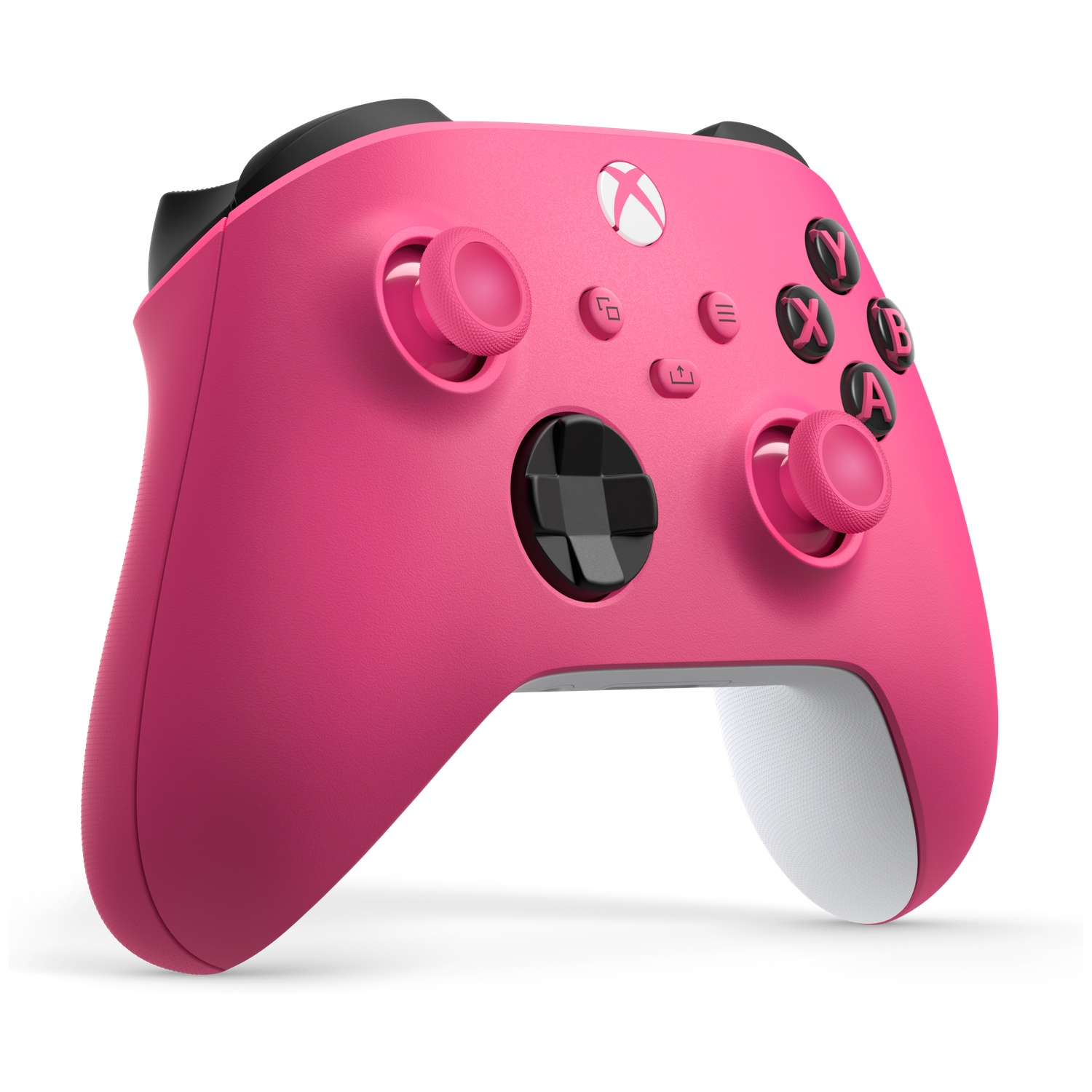 Une manette Xbox rose avec des accents noirs et un logo Xbox blanc.