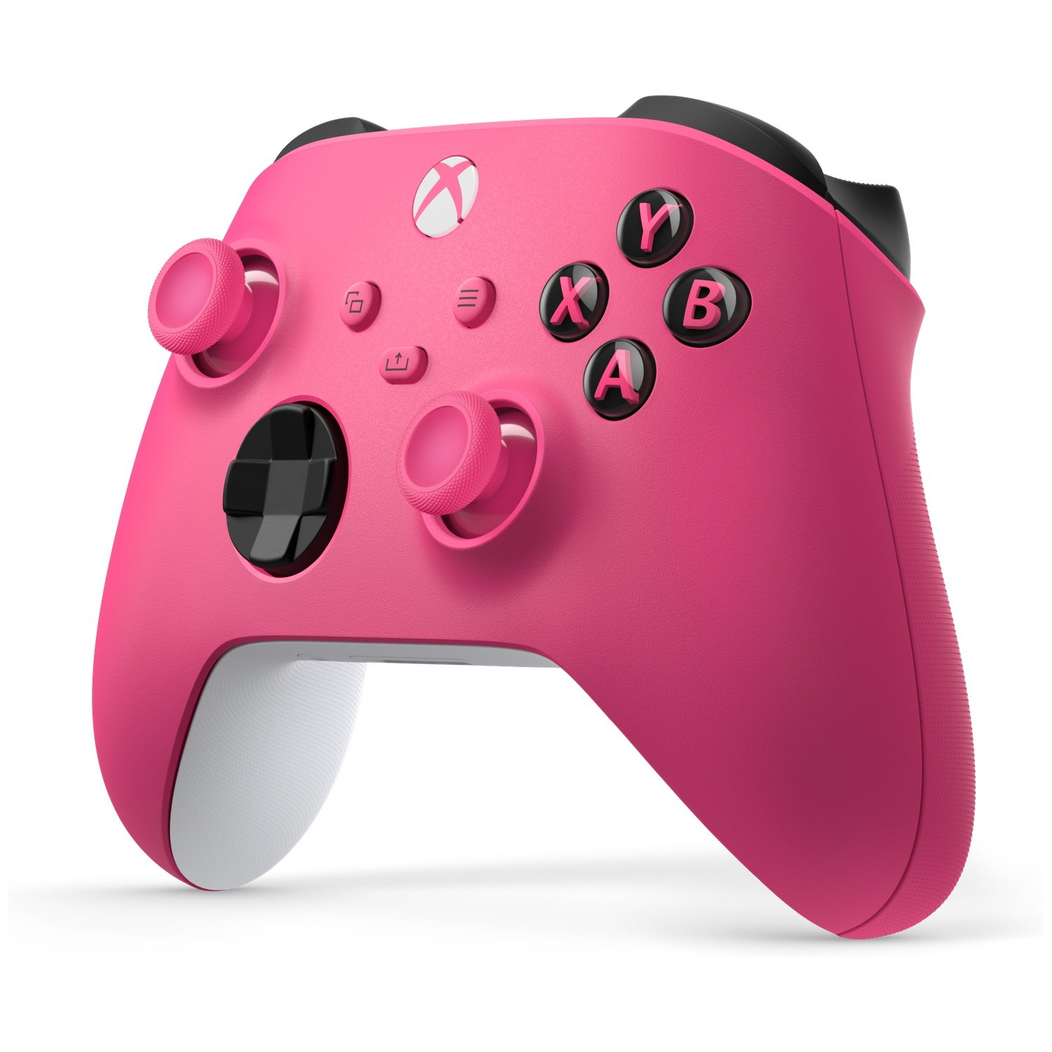 Une manette Xbox rose avec des boutons noirs et des poignées blanches.
