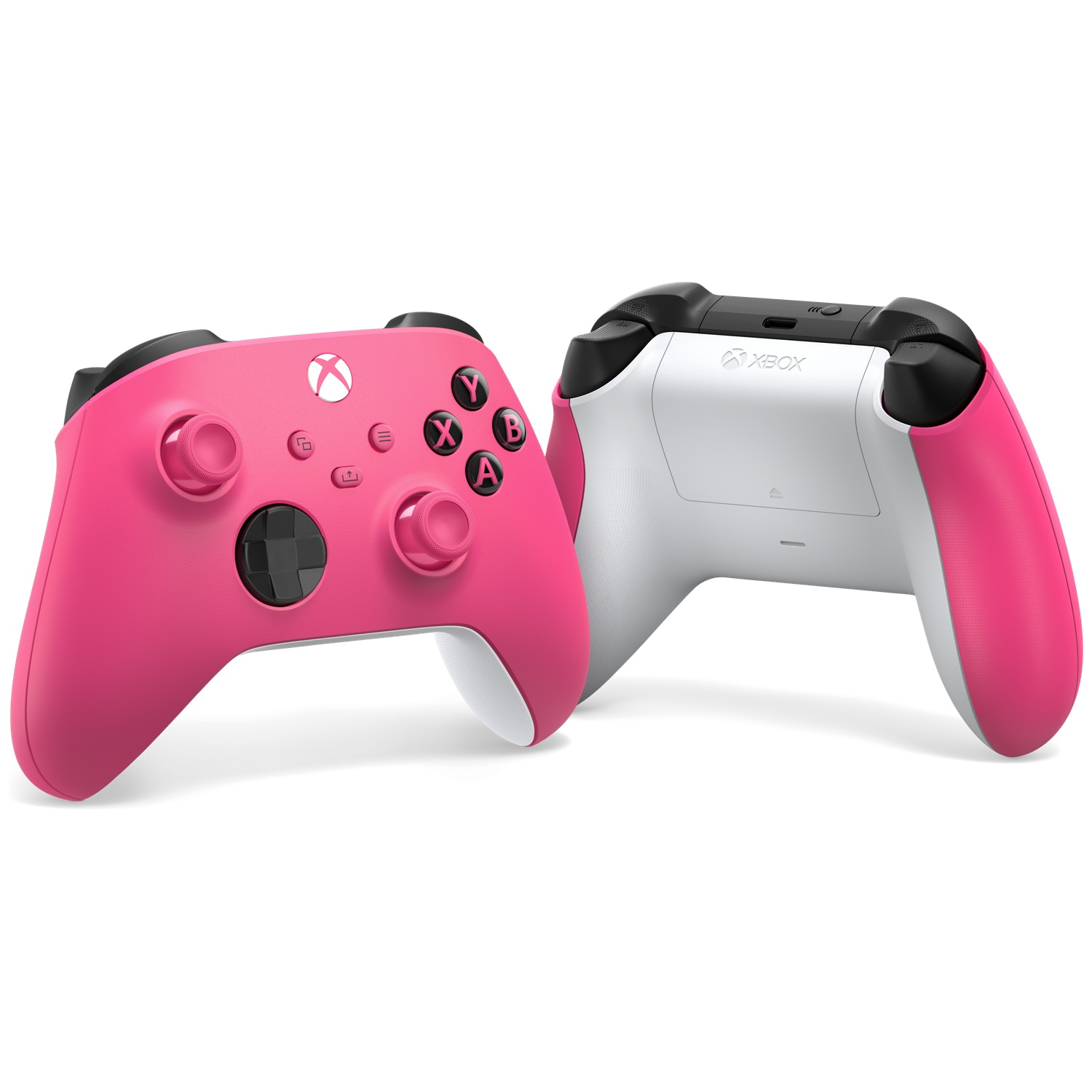 Deux manettes Xbox rose et blanc avec accents noirs, sur fond blanc.