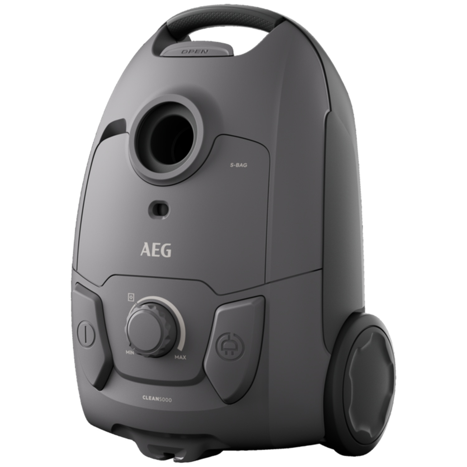 Gray AEG vacuum cleaner with black handle and wheels. Features control buttons.