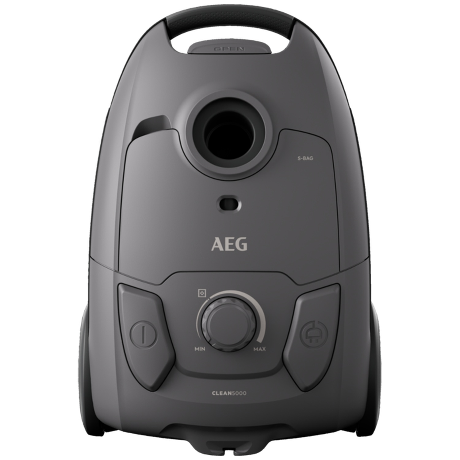Gray AEG vacuum cleaner with black handle and control buttons.