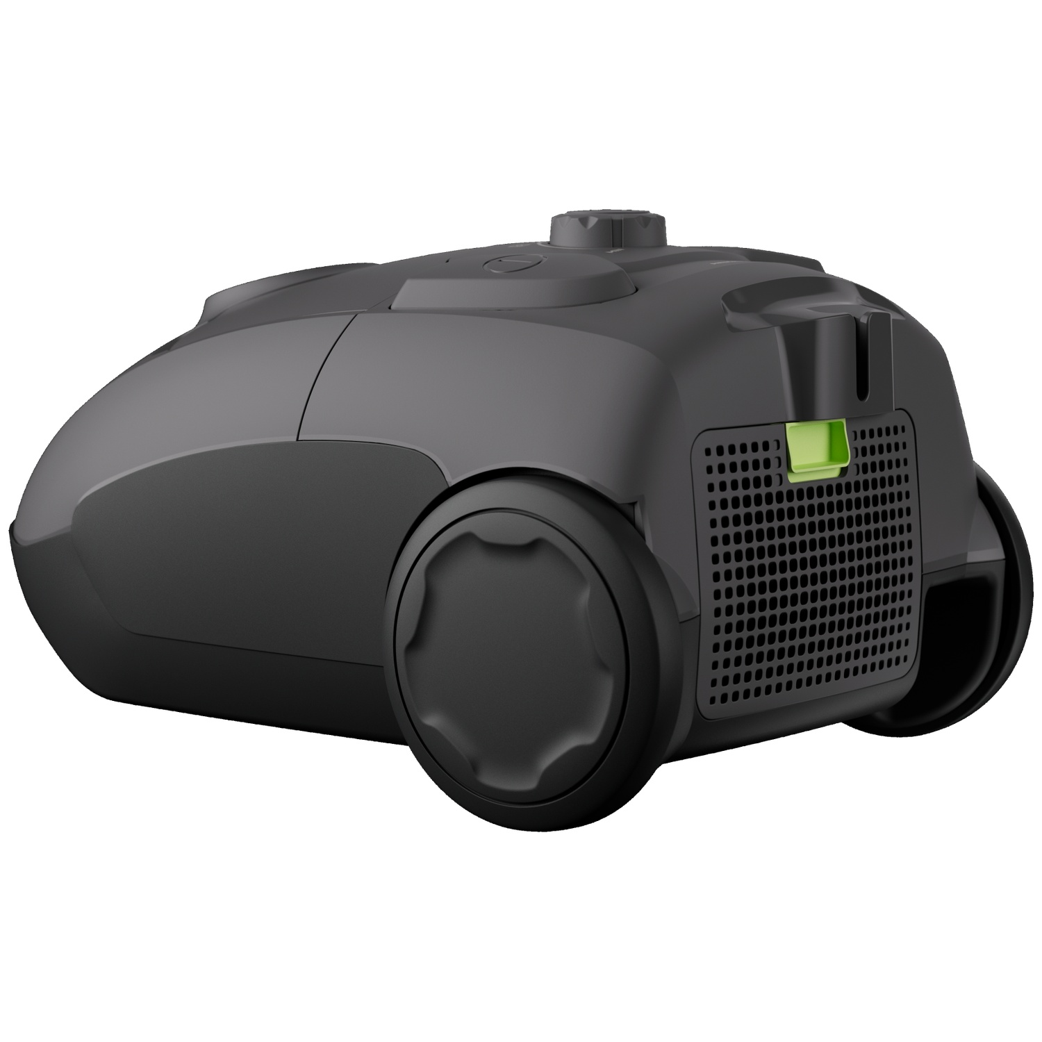 A dark, modern vacuum cleaner with a green accent on a white background.
