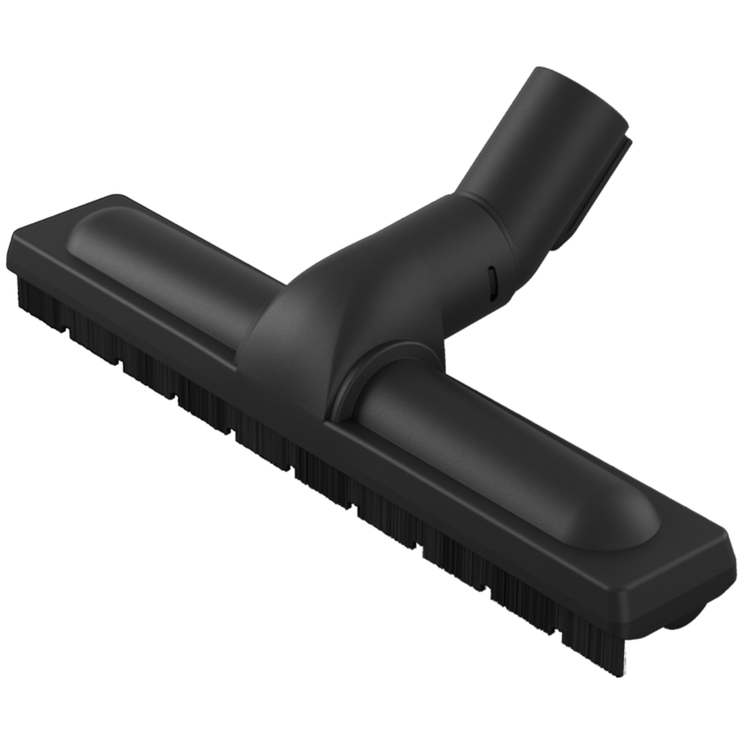 Black vacuum cleaner nozzle with brush and angled connection.