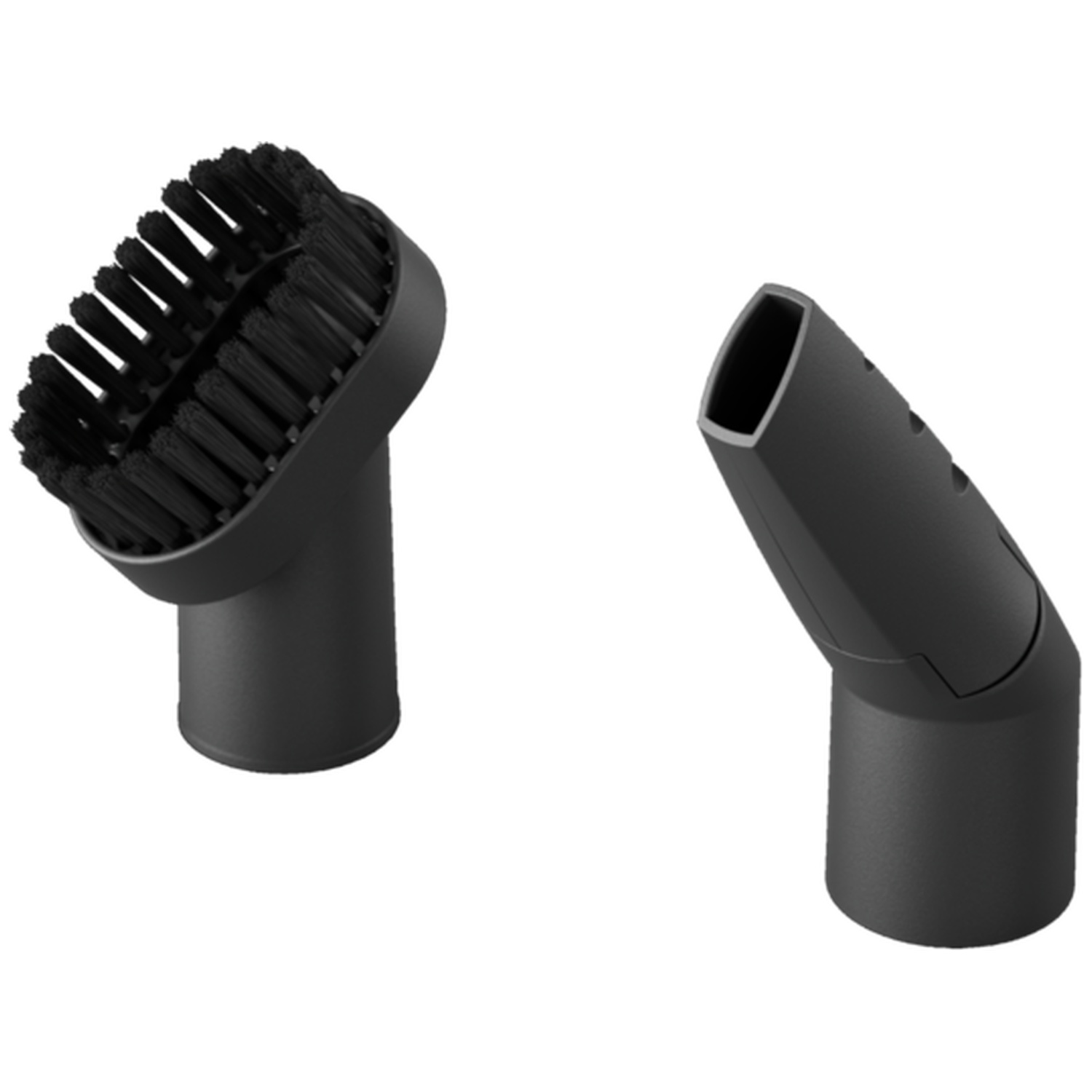 Two black vacuum cleaner attachments: a brush and a narrow nozzle.