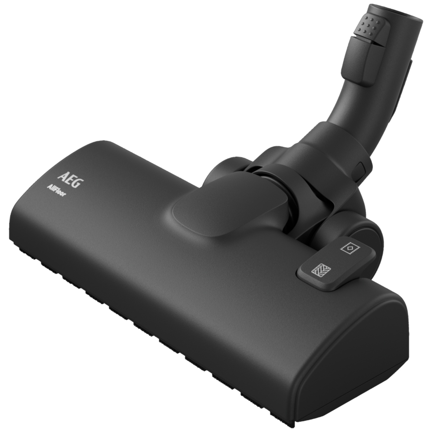 Black vacuum cleaner nozzle with AEG AllFloor logo and buttons.