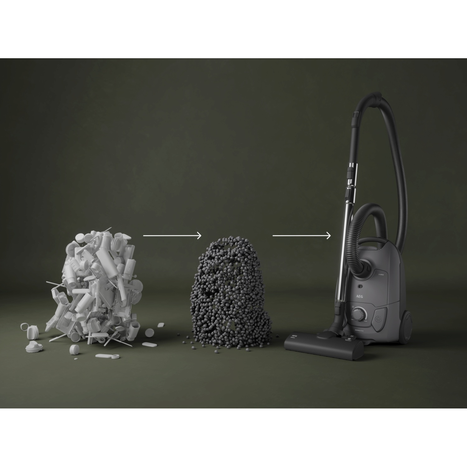 A vacuum cleaner sucks up white debris into gray pellets.