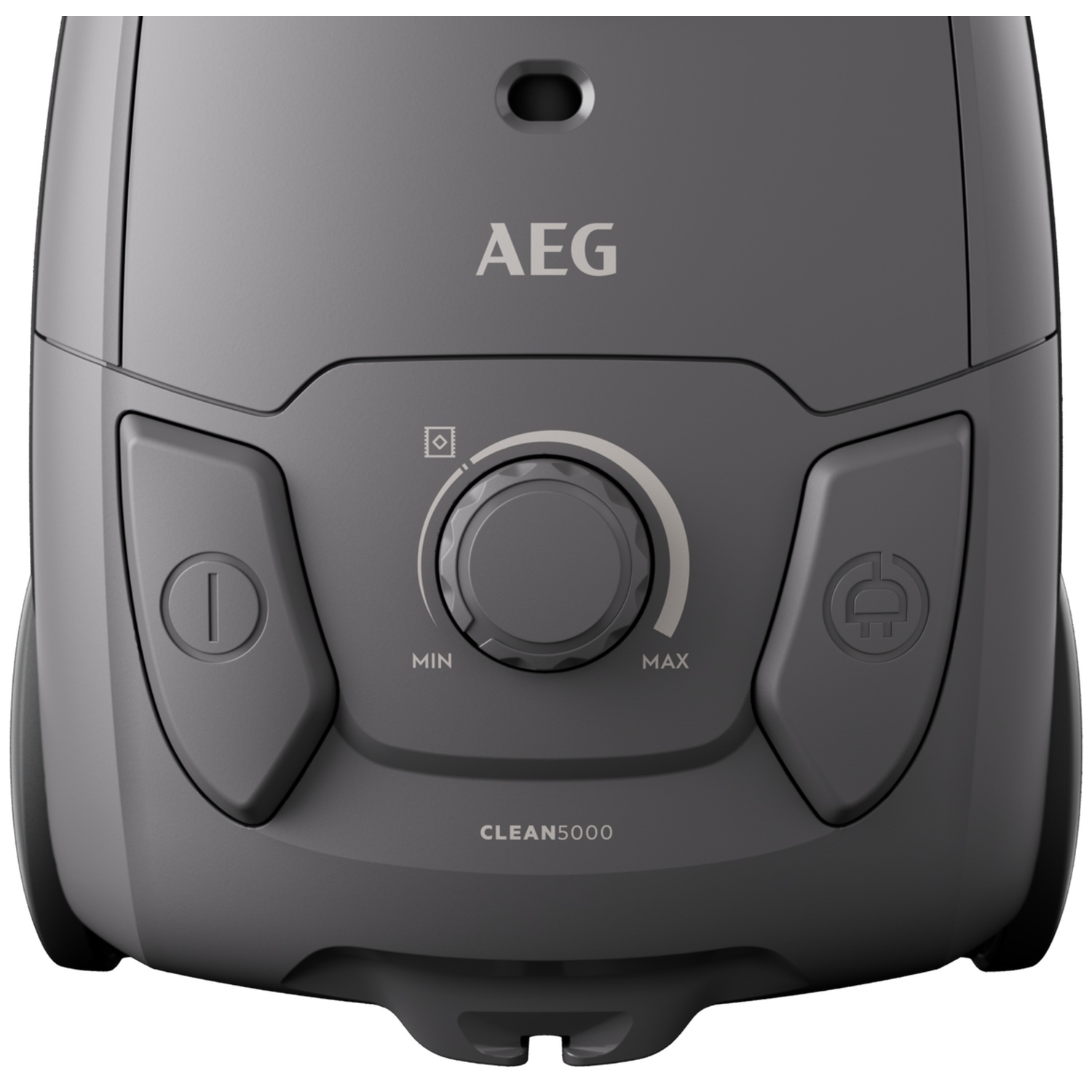 Gray AEG vacuum cleaner with a dial and buttons for power and cord rewind.