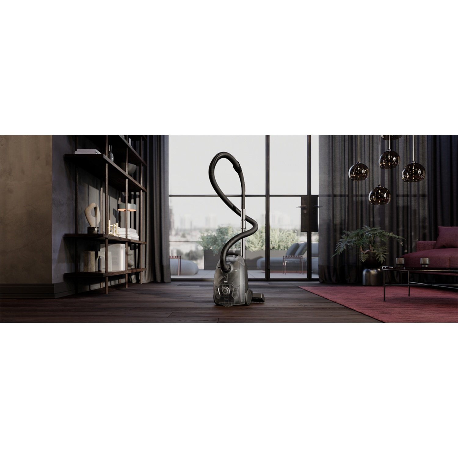 A modern vacuum cleaner stands on a wooden floor in a stylish living room.