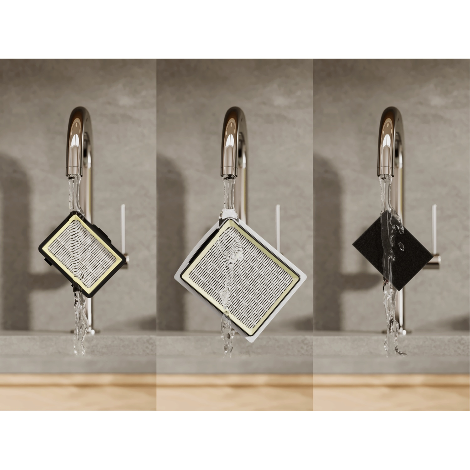 Three filters under running water, each with different density.