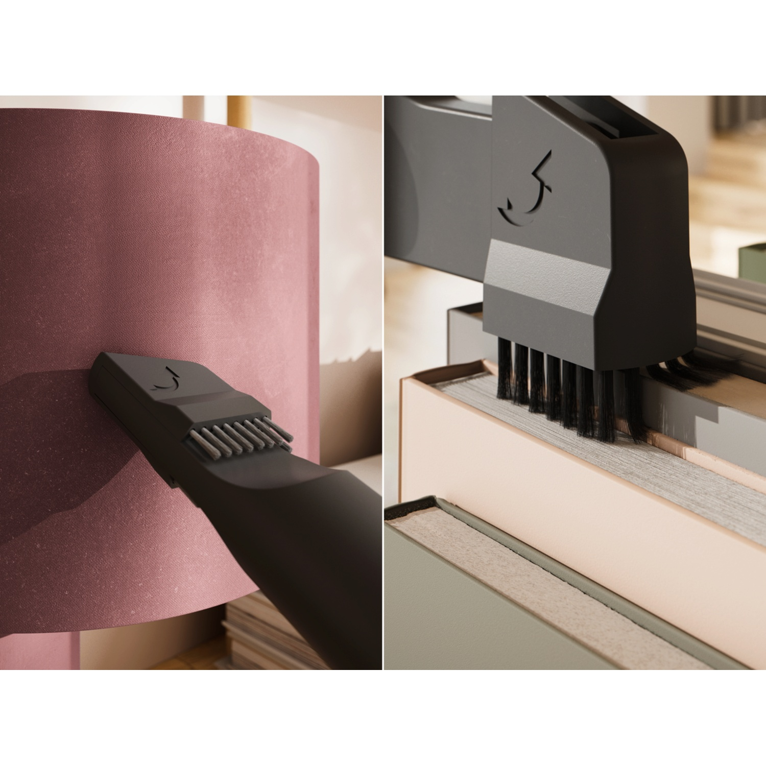 A vacuum attachment cleans a pink lampshade and book edges.