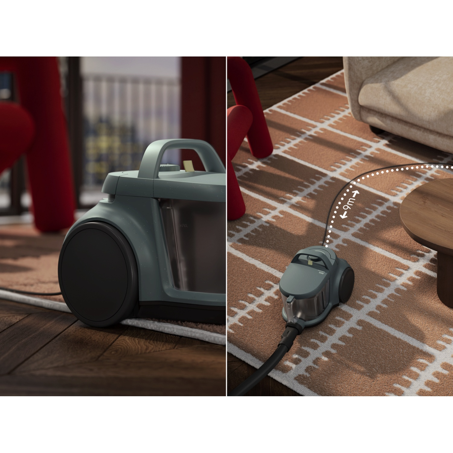 A gray vacuum cleaner on a wooden floor and a rug.