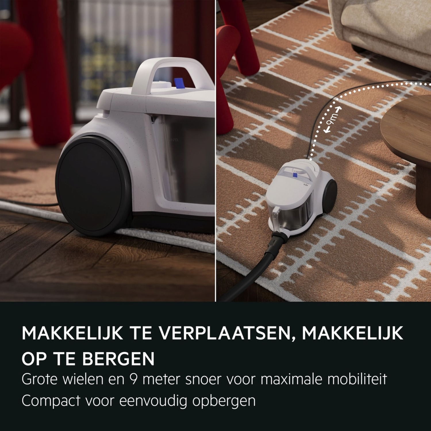 A white vacuum cleaner with large wheels and a 9m cord on a rug.